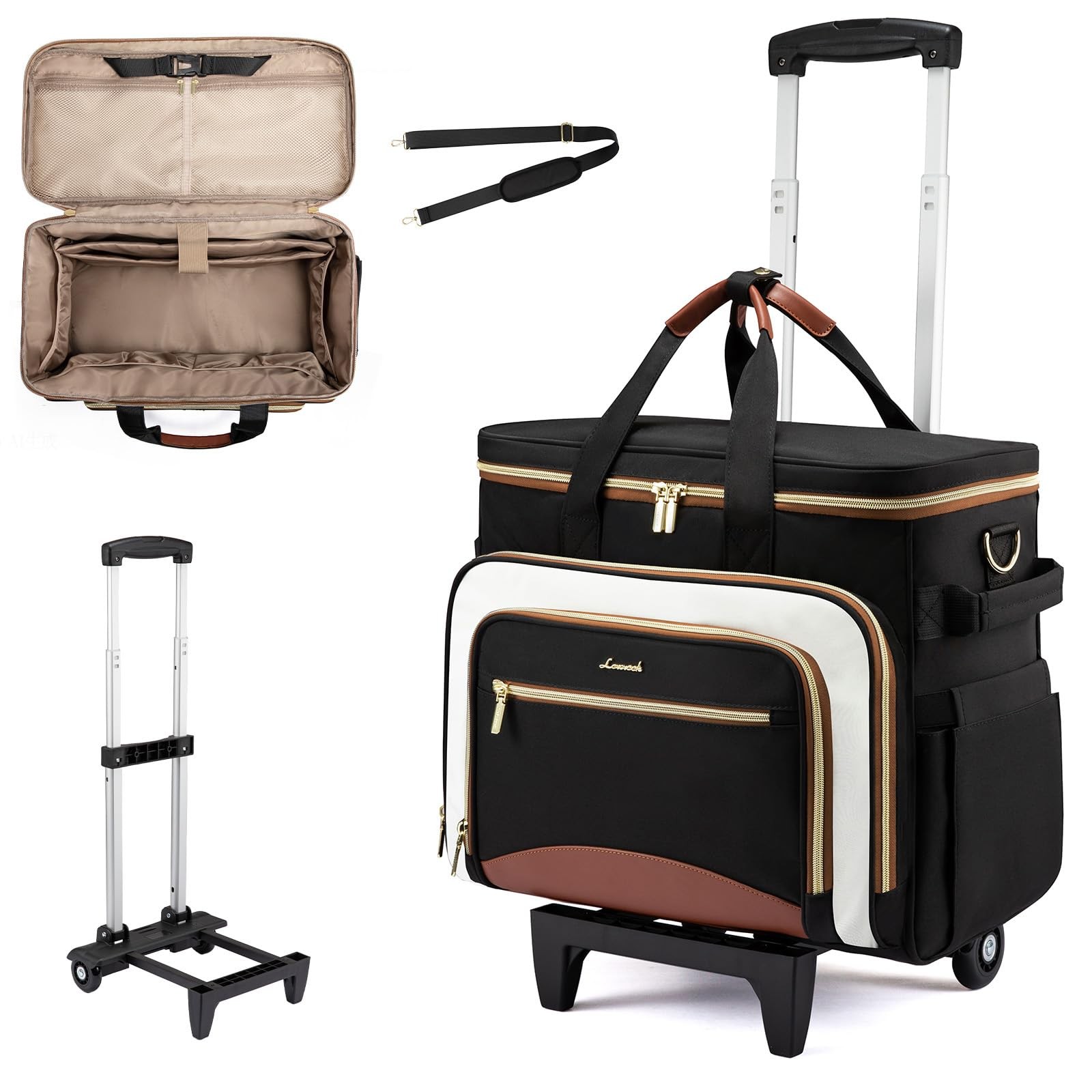 LOVEVOOK Rolling Teacher Bag, Laptop Tote with 17.3 inch, Black-beige-brown