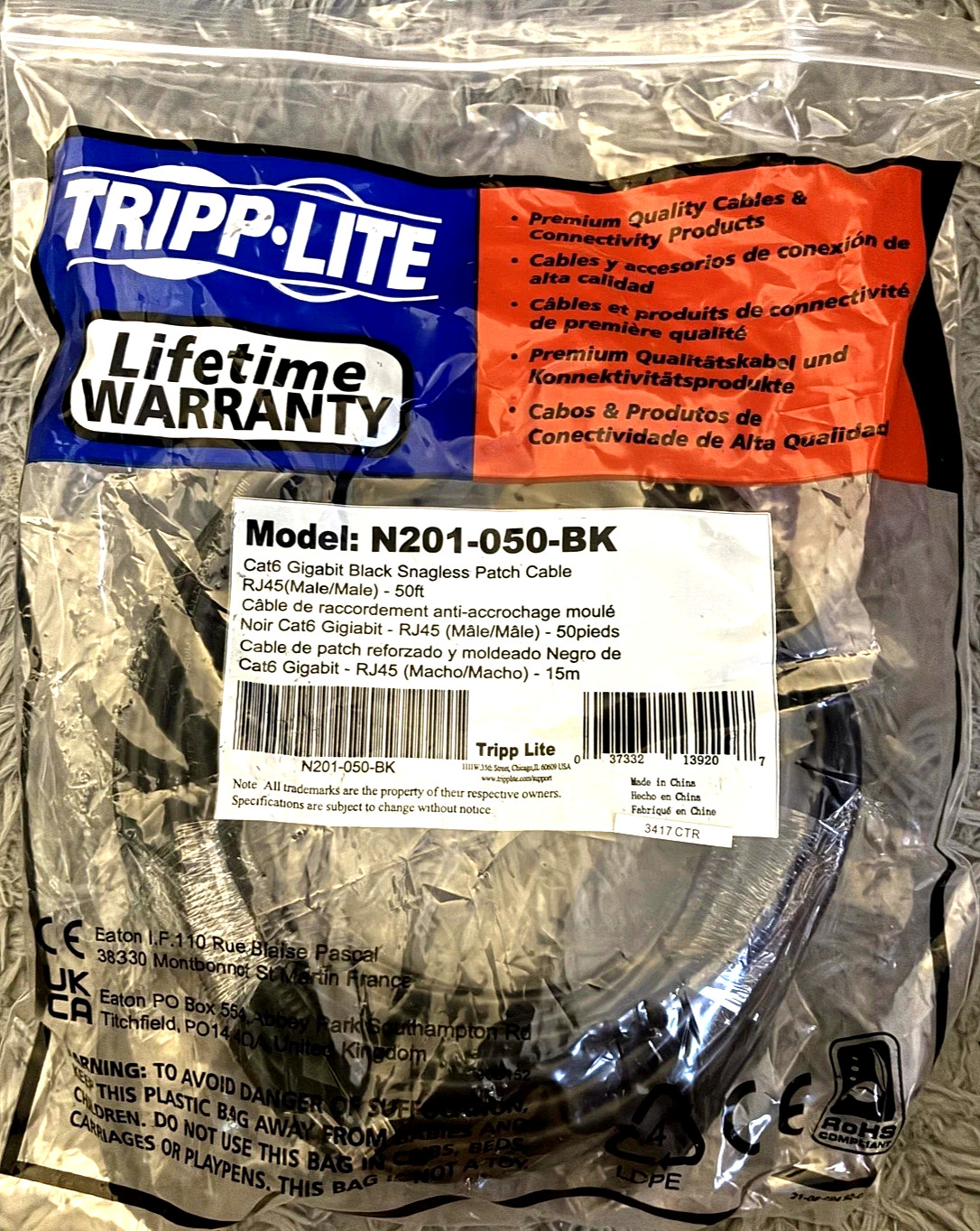 Tripp Lite N201-050-BK Cat6 RJ-45 50ft.Snagless Cable-NEW