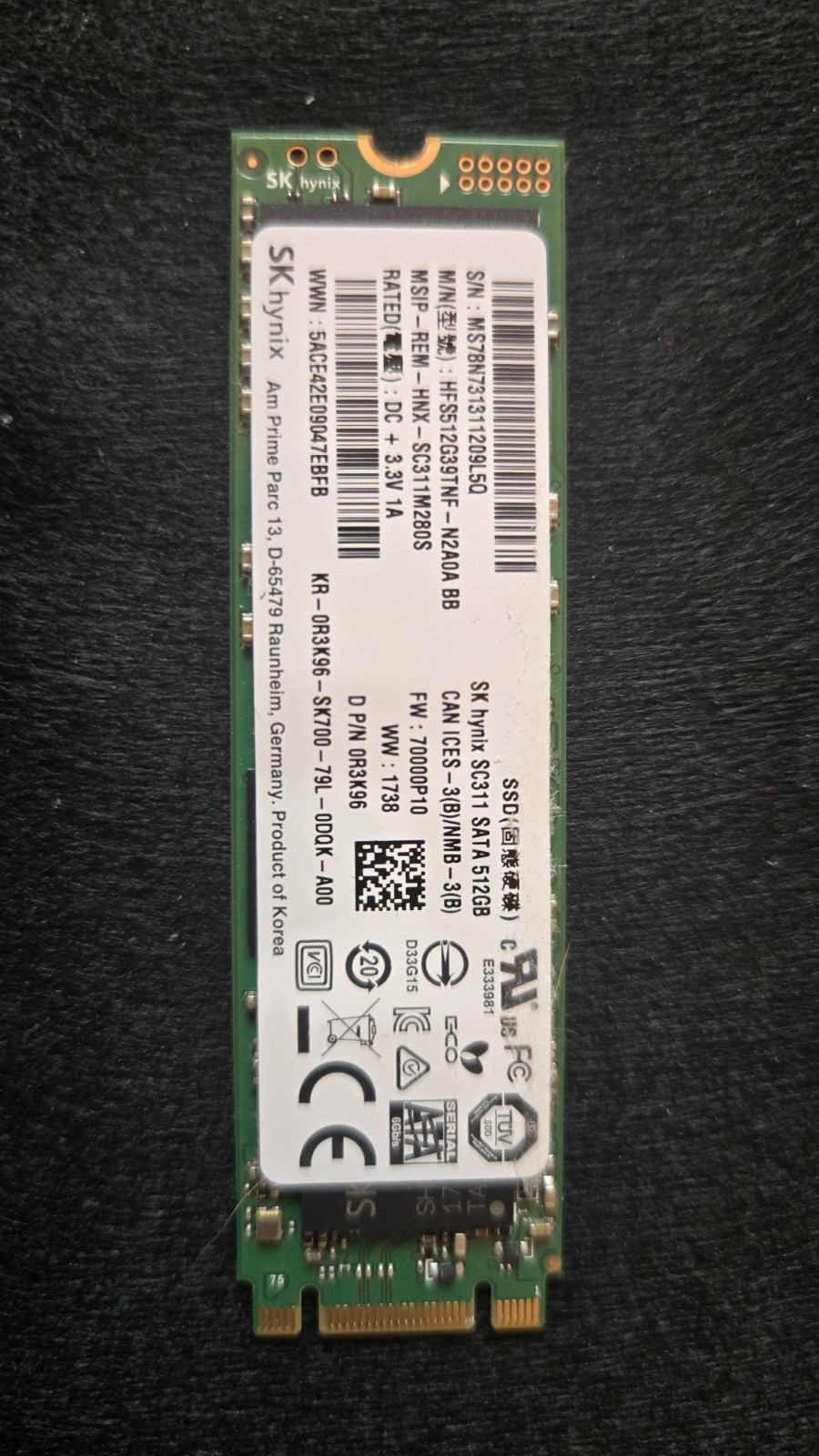 SK HYNIX sc311 512GB M.2 NVMe SSD Tested, Wiped - HFS512GDE9X080N FA