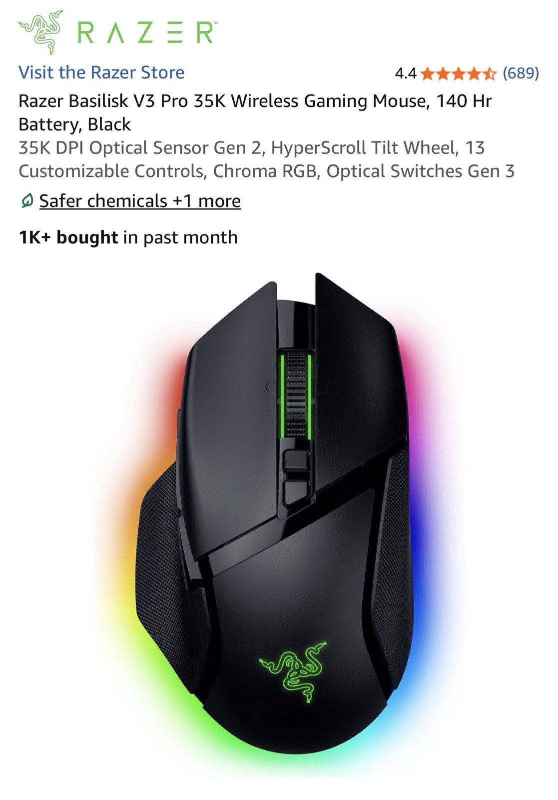 Razer Basilisk V3 Pro 35K Wireless Gaming Mouse, 140 Hr Battery, Black