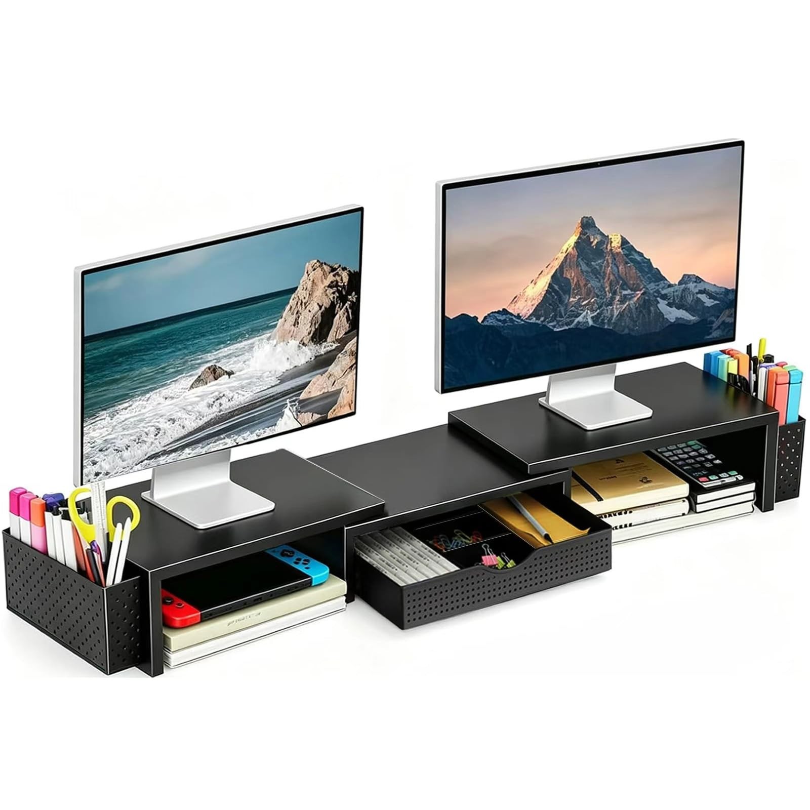 Spacrea Dual Monitor Stand Riser with Drawer 40" W x 9.3" L x 4.3" H, Black
