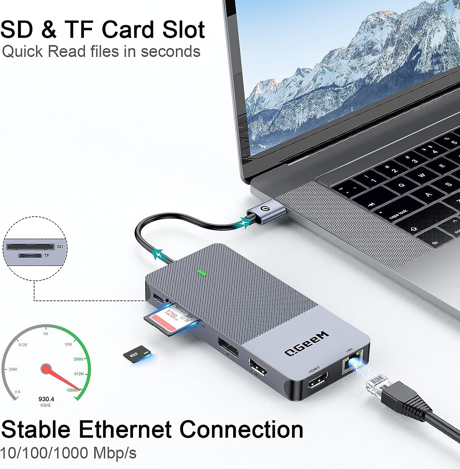 Gray - QGeeM USB 3.0 Docking Station, QGeeM USB C Hub with Dual HDMI 4K