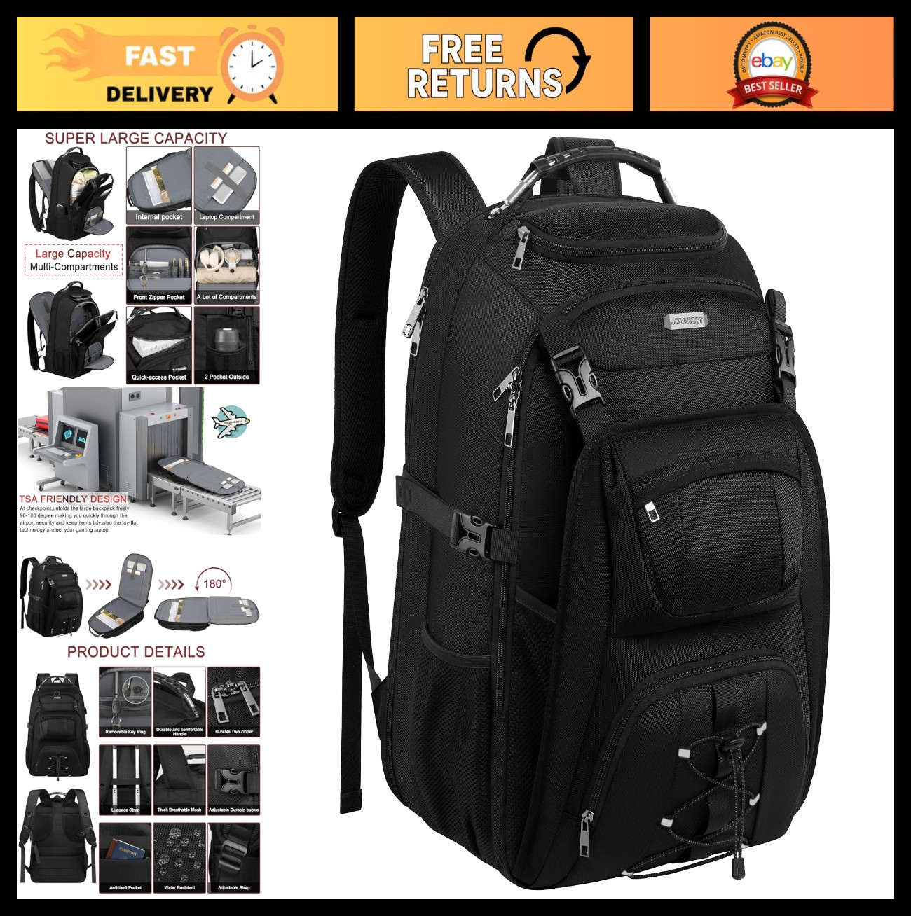 Extra Large TSA Friendly Laptop Backpack for Travel, College, Work & Gaming - Fi