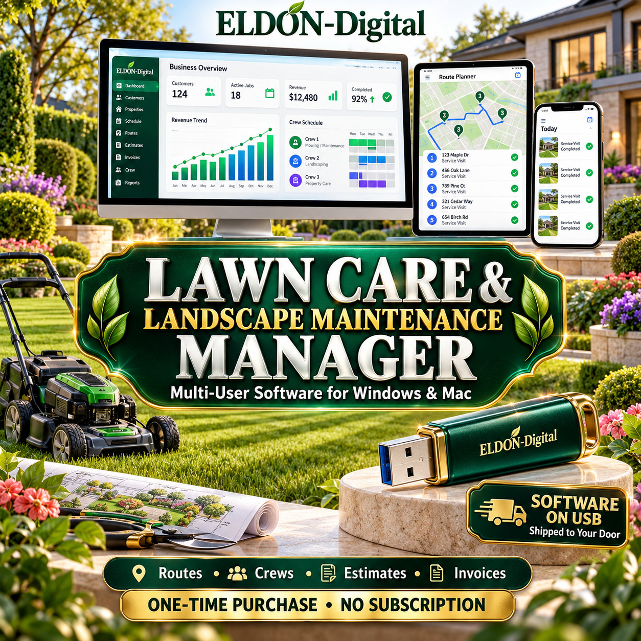 Lawn Care Landscaping Business Software on USB Flash Drive Multi-User PC and Mac