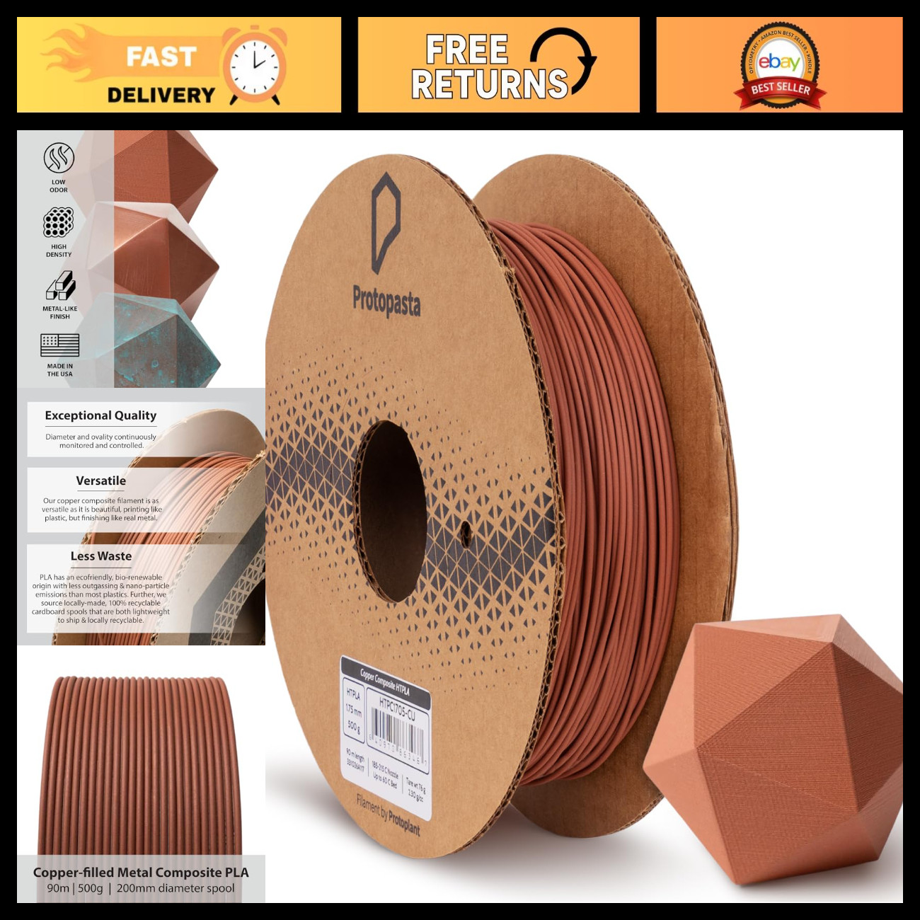 Copper-Filled PLA 3D Printer Filament - 60% Copper Metal Composite, 500g Spool,