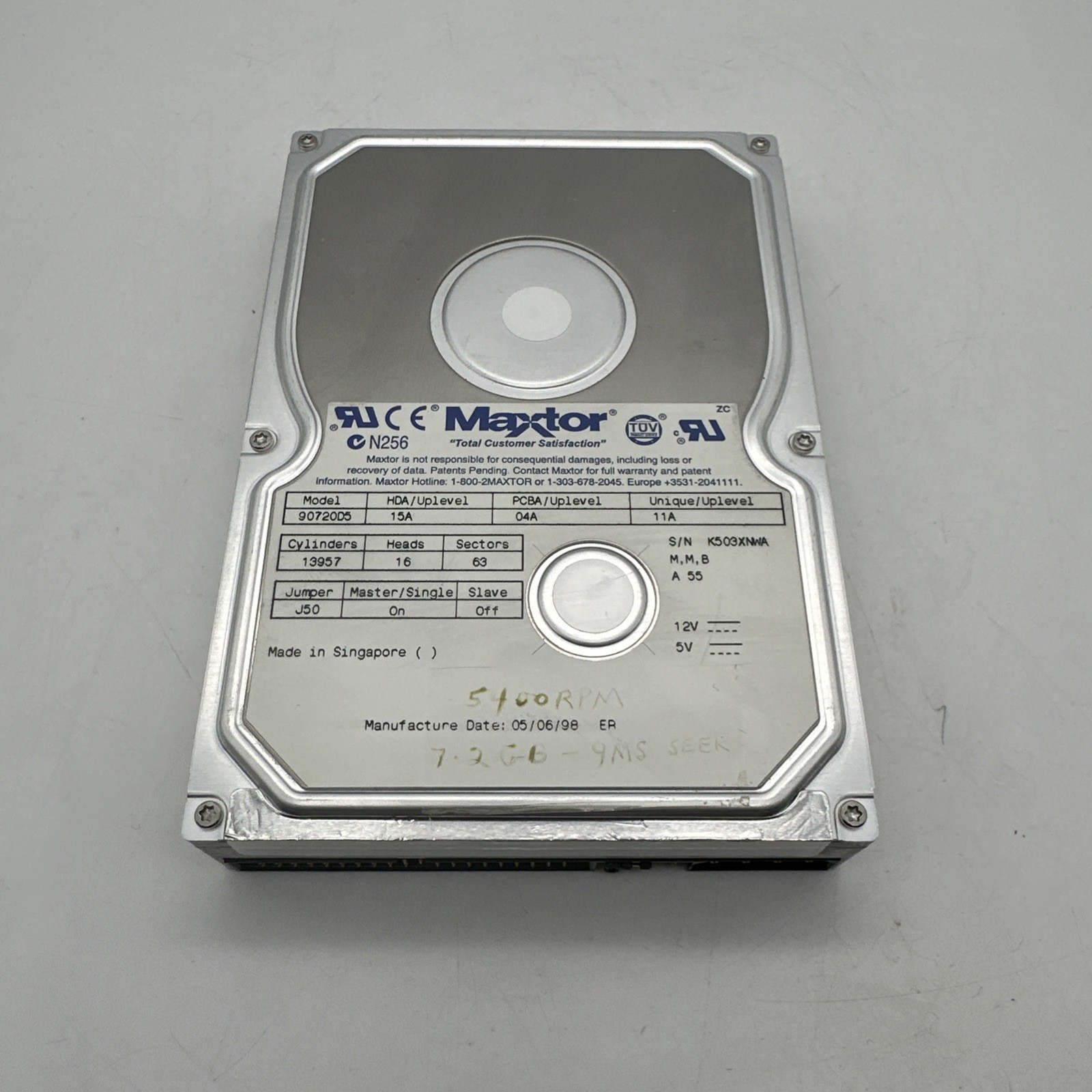 Hard Disk Drive IDE Maxtor 90648D5 15A 07A 06/18/98 Untested