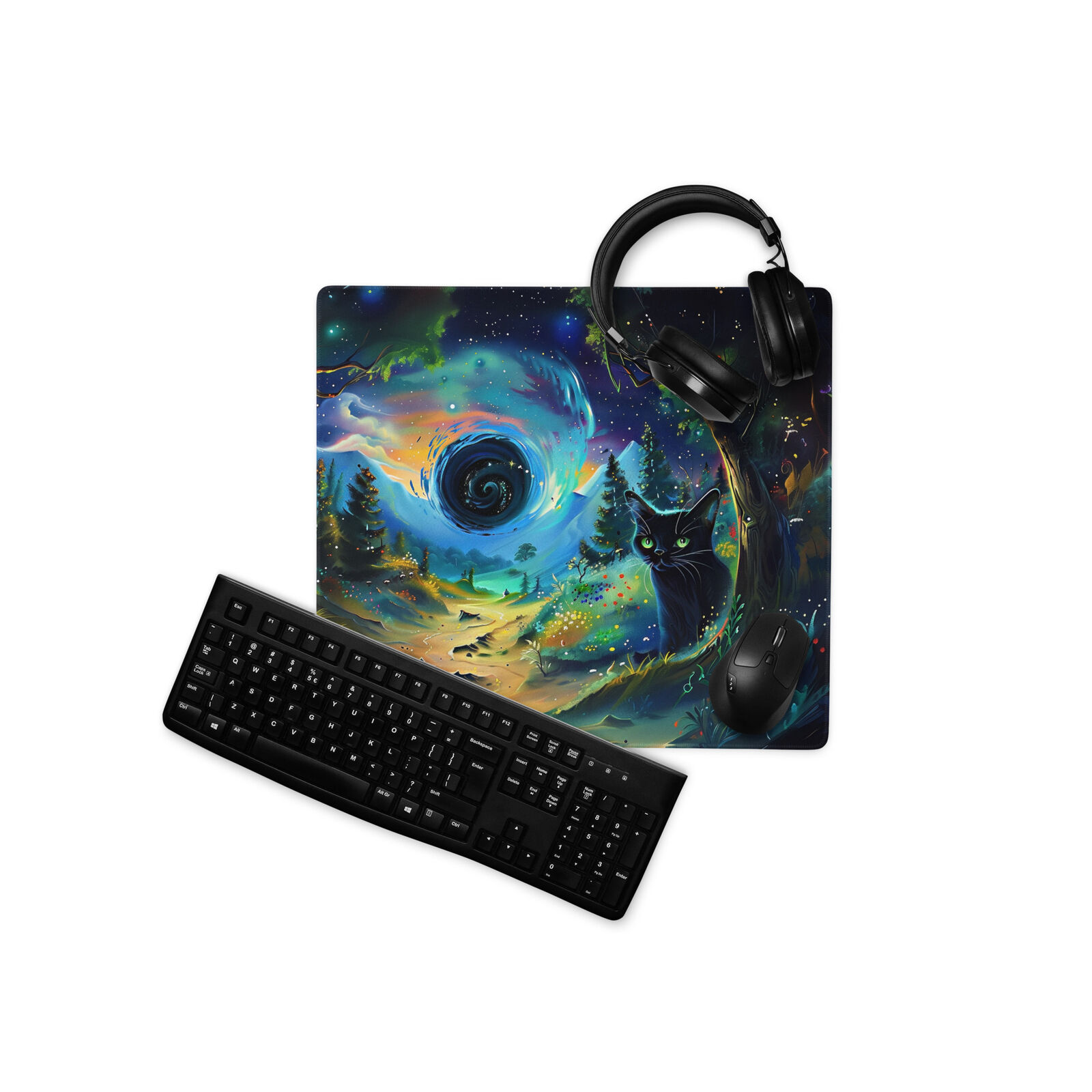 Black Cat & Black Hole Gaming Mouse Pad, Whimsical Mousepad, Extended Deskmat