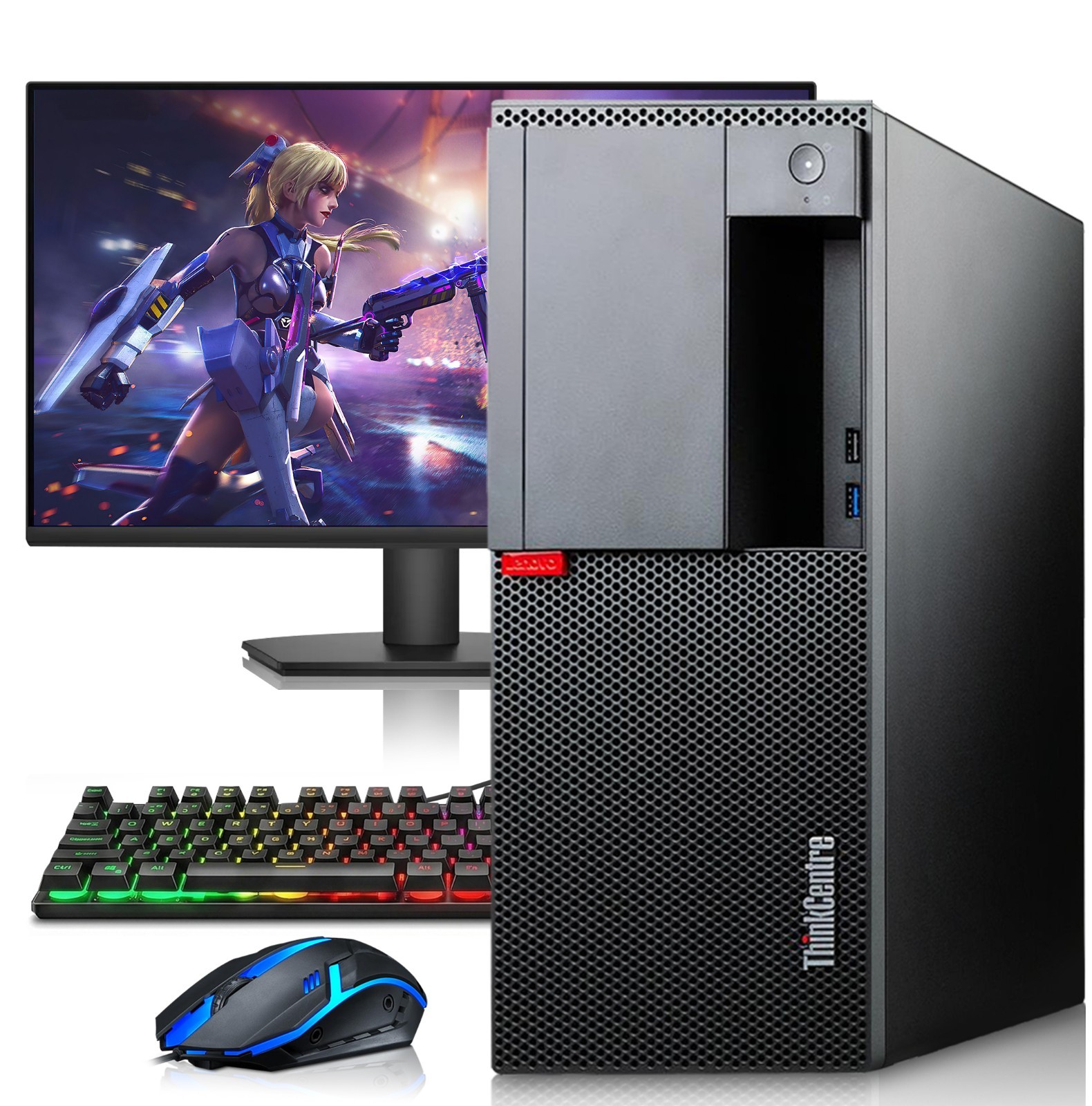 Lenovo M720t Gaming Tower PC 32GB 1TB SSD AMD RX-550 24” LED RGB-KB&M WiFi Win11