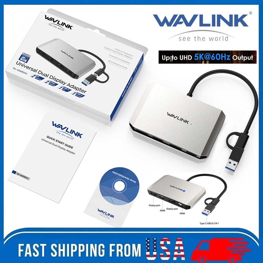 WAVLINK USB 3.0/USB C to DisplayPort HDMI Adapter DisplayLink Dual HDMI 4K@60Hz