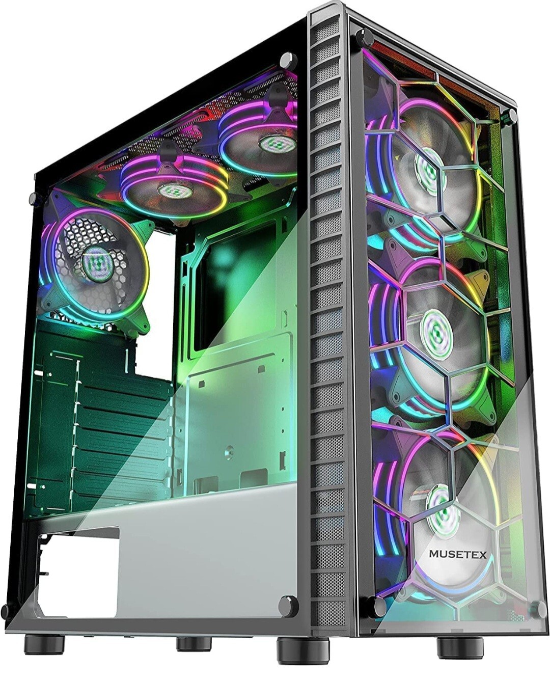 MUSETEX 6 RGB LED Dual Fans 2 Translucent Tempered Glass Panel USB 3.0 Port,ATX 