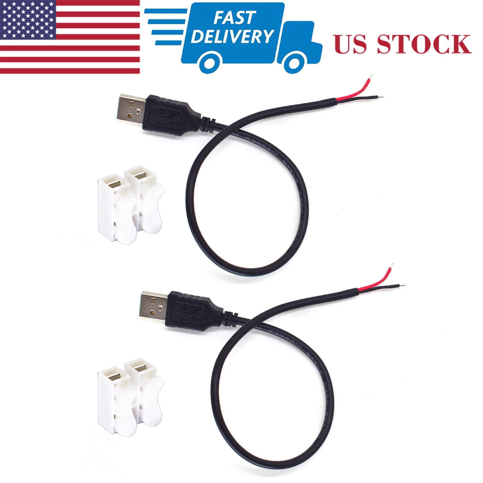 2pcs 0.3M/1FT USB Male to Bare Wire Cable 20AWG 5A USB2.0 2pin DIY Pigtail Cable