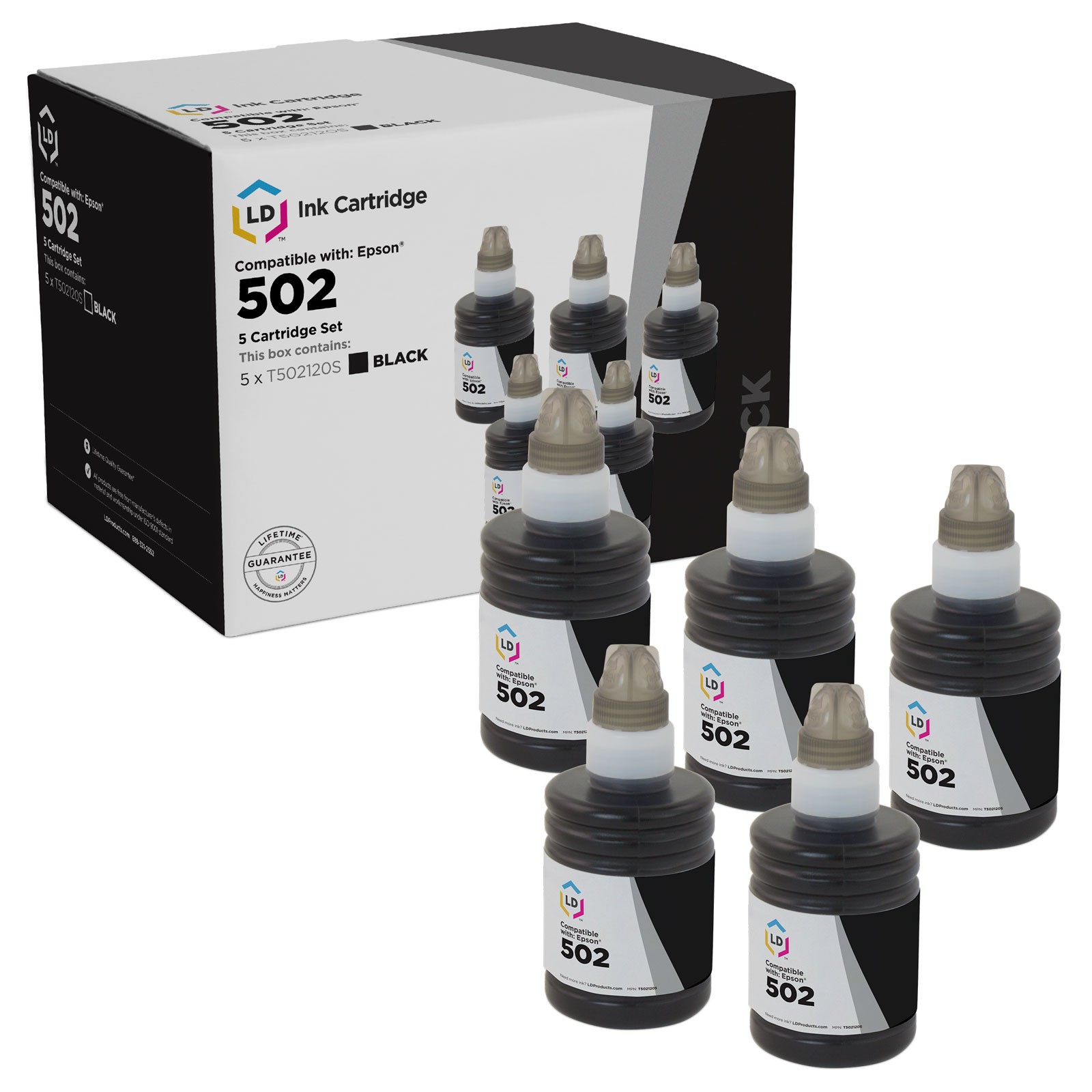 LD Compatible Ink Bottle Replacement for Epson 502 T502120-S (5 Pack - Black)