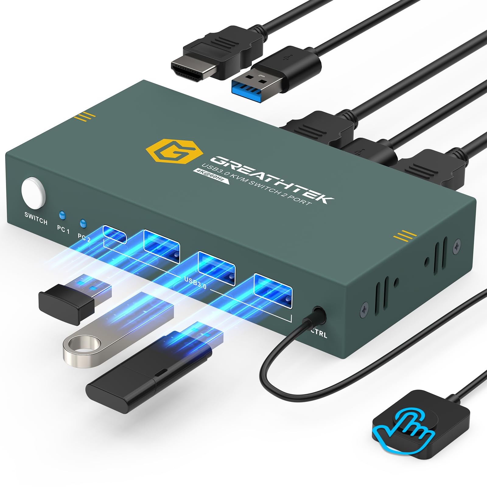 USB 3.0 KVM Switch HDMI 4K@60Hz 2 Port 1 Monitor 2 Computers 3 USB 3.0