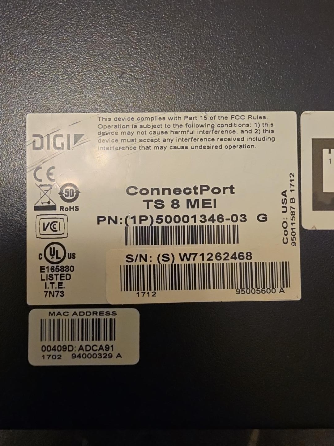 50001346-03 Digi ConnectPort TS 8 MEI Serial Ethernet Server RS232/422/485
