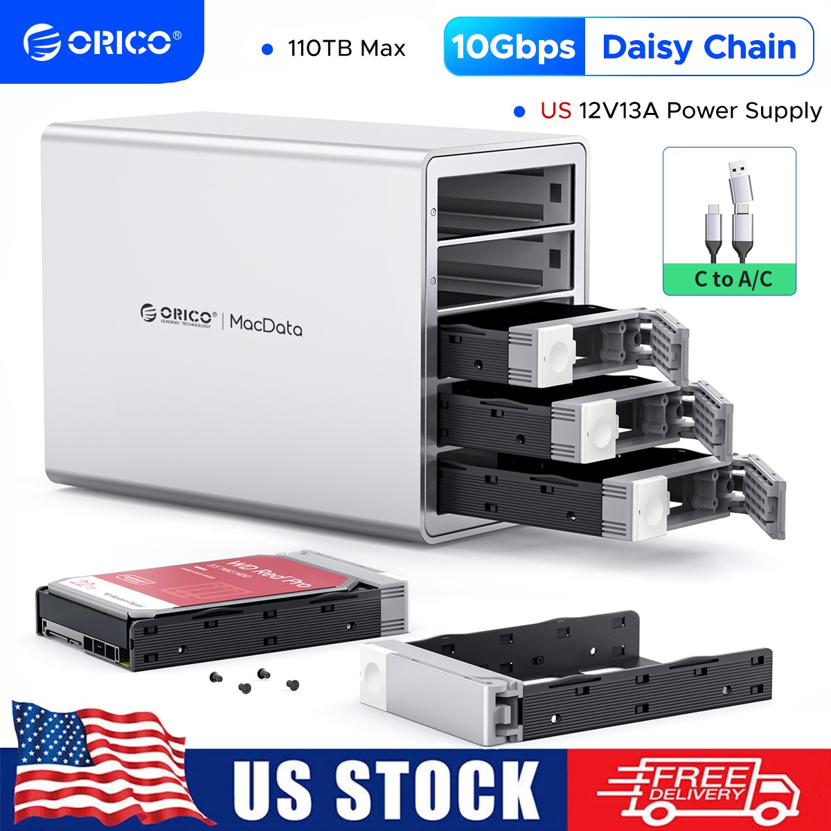 ORICO Daisy Chain 5 Bay Hard Drive Enclosure Alu Das 110TB for 3.5-inchs HDFan