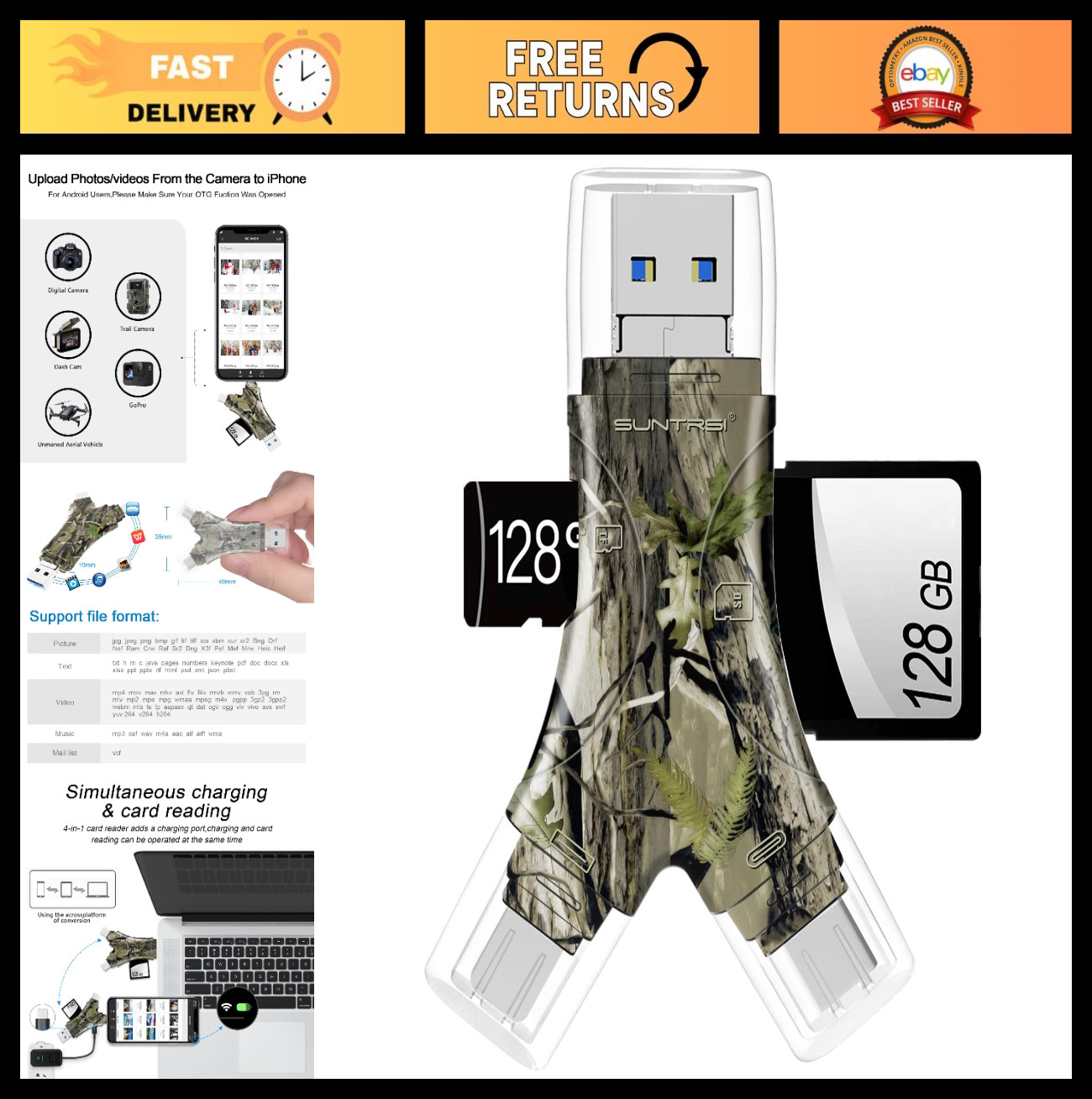 4-in-1 SD Card Reader for iPhone, Android, Mac & Camera - Portable Memory Adapte