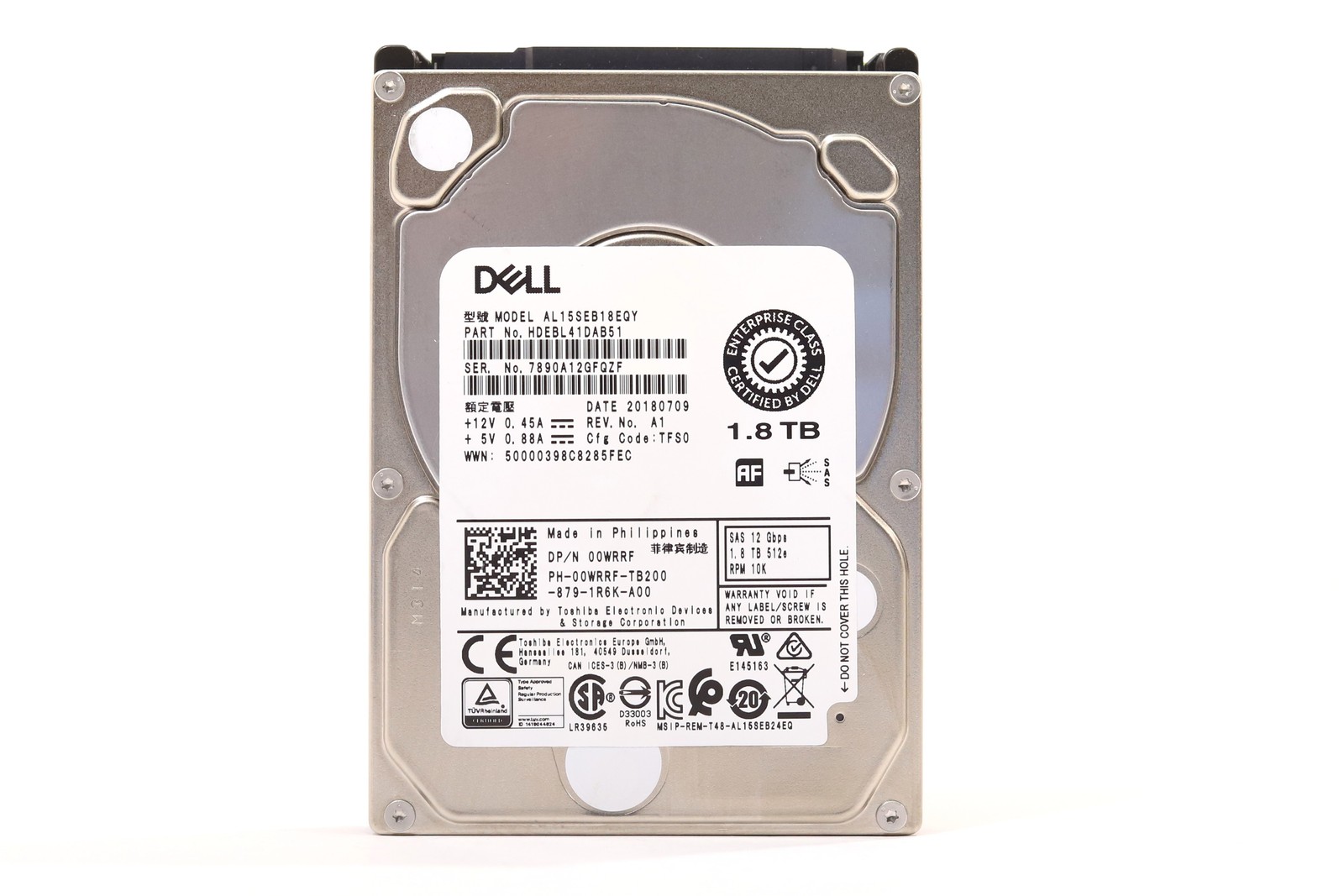Dell AL15SEB18EQY 1.8TB 2.5" 12Gb/s 128MB 10K RPM SAS HDD Dell P/N:00WRRF Tested