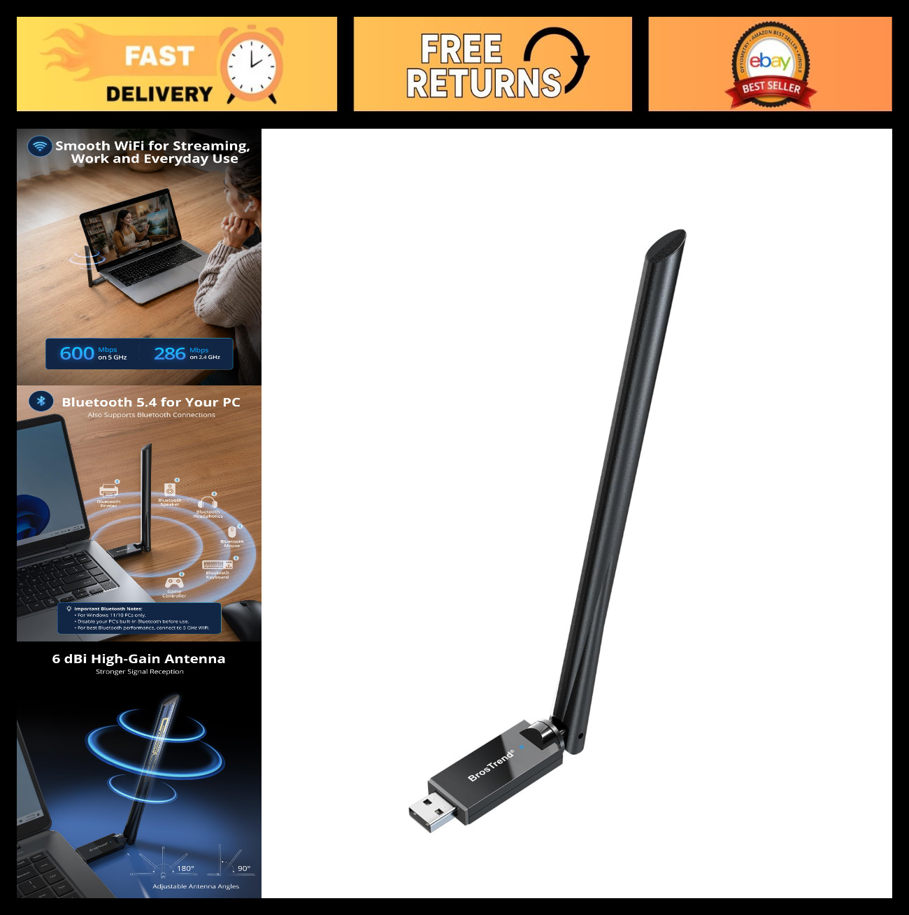 2-in-1 USB WiFi Bluetooth Adapter for PC, WiFi-6 AX900 + BT 5.4