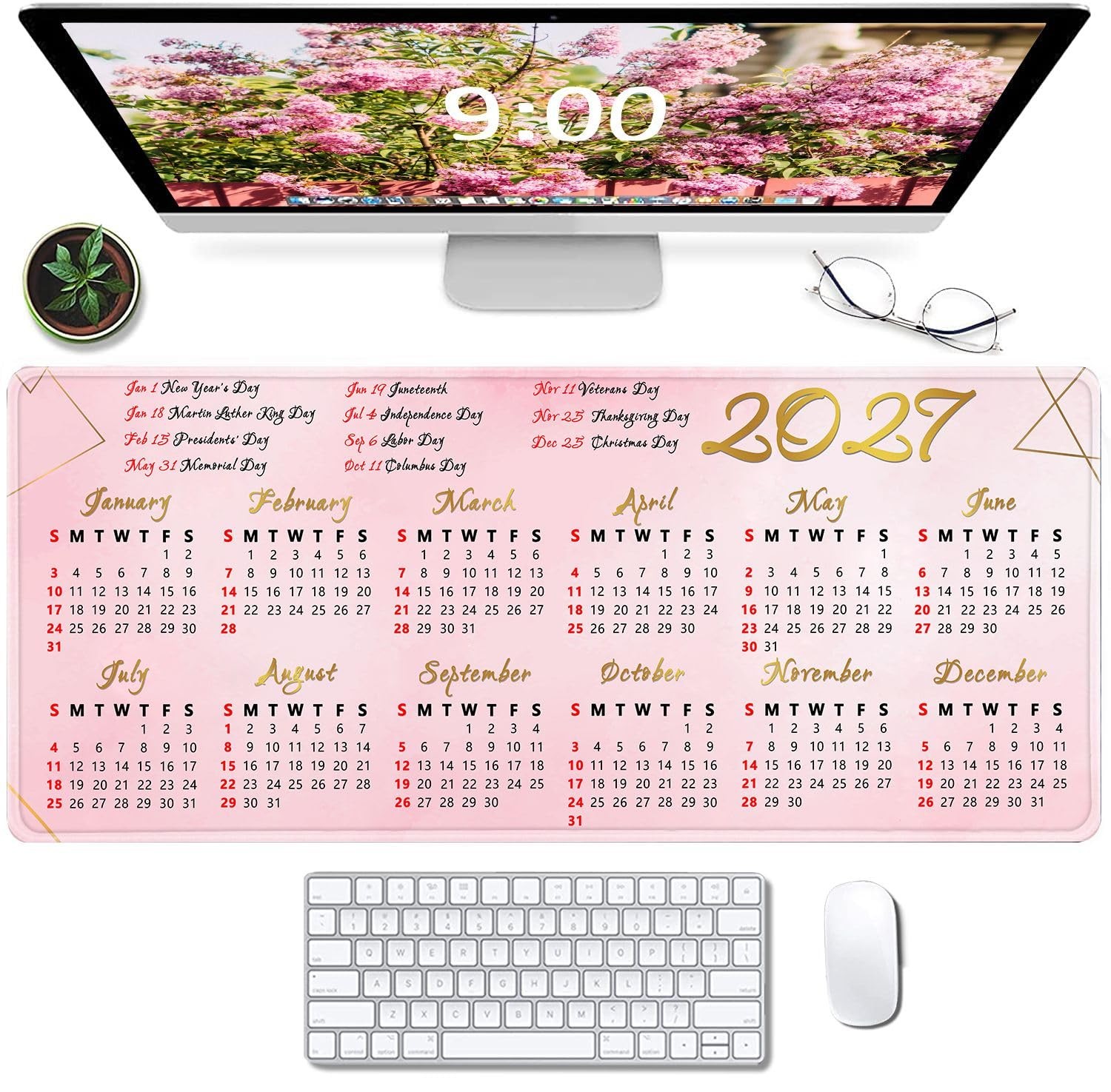 2027 Calendar with Holiday Mouse Pad with Stitched Edges, Large Gaming Mousep...