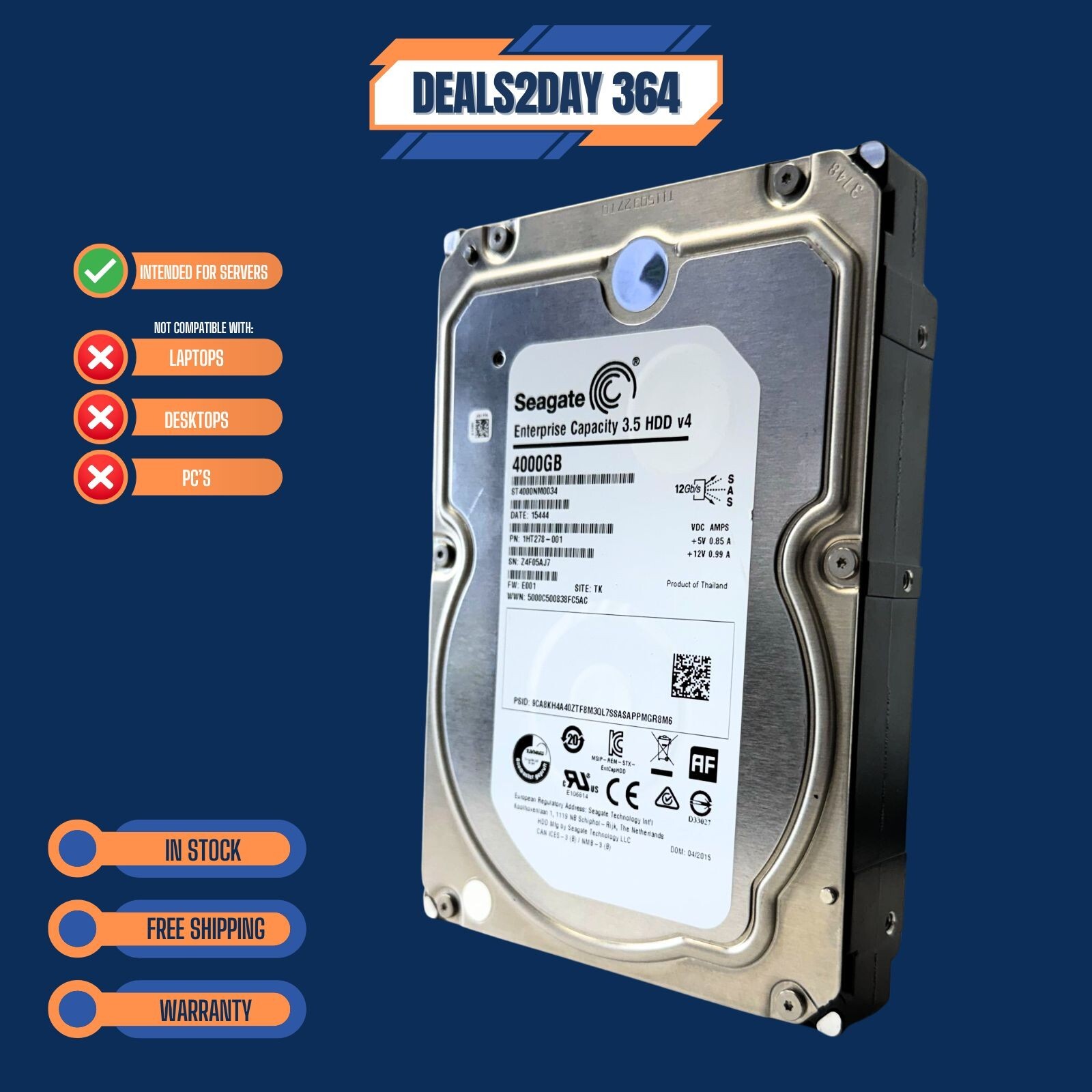 ST4000NM0034 SEAGATE 4TB 7.2K 12G LFF 3.5" SAS 512E ENTERPRISE HARD DRIVE