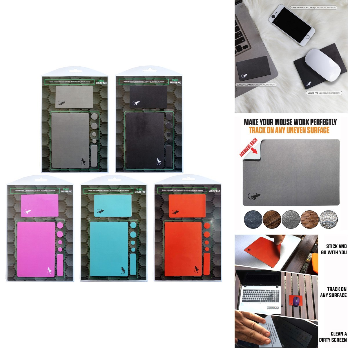 Gecko Travel Tech Mouse Pad Adhesive Bottom 5 Pack - Rainbow
