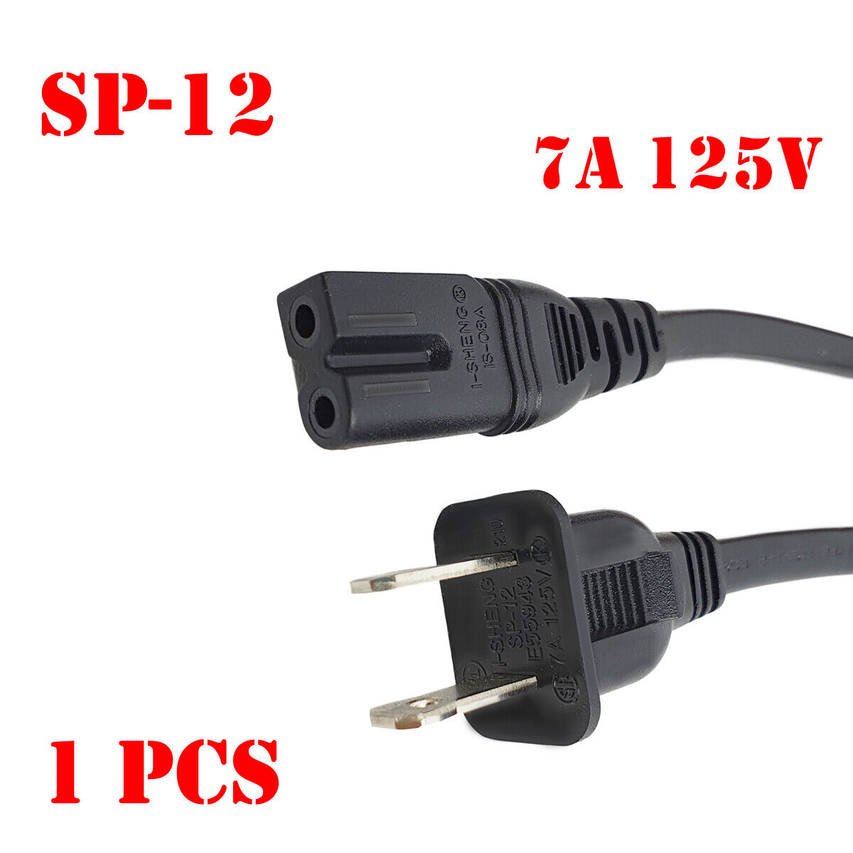 Lot of 1-100 Standard 6ft 2-Prong AC Power Cord/Cable Polarized SP-12 7A 125V