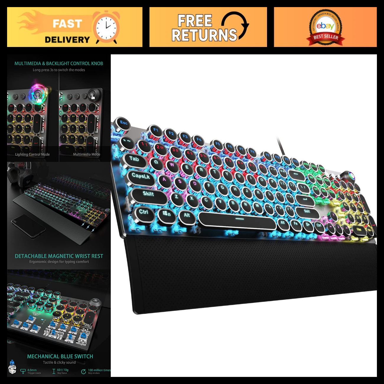 Typewriter Style Mechanical Gaming Keyboard Wired, 104 Keys, Retro Design