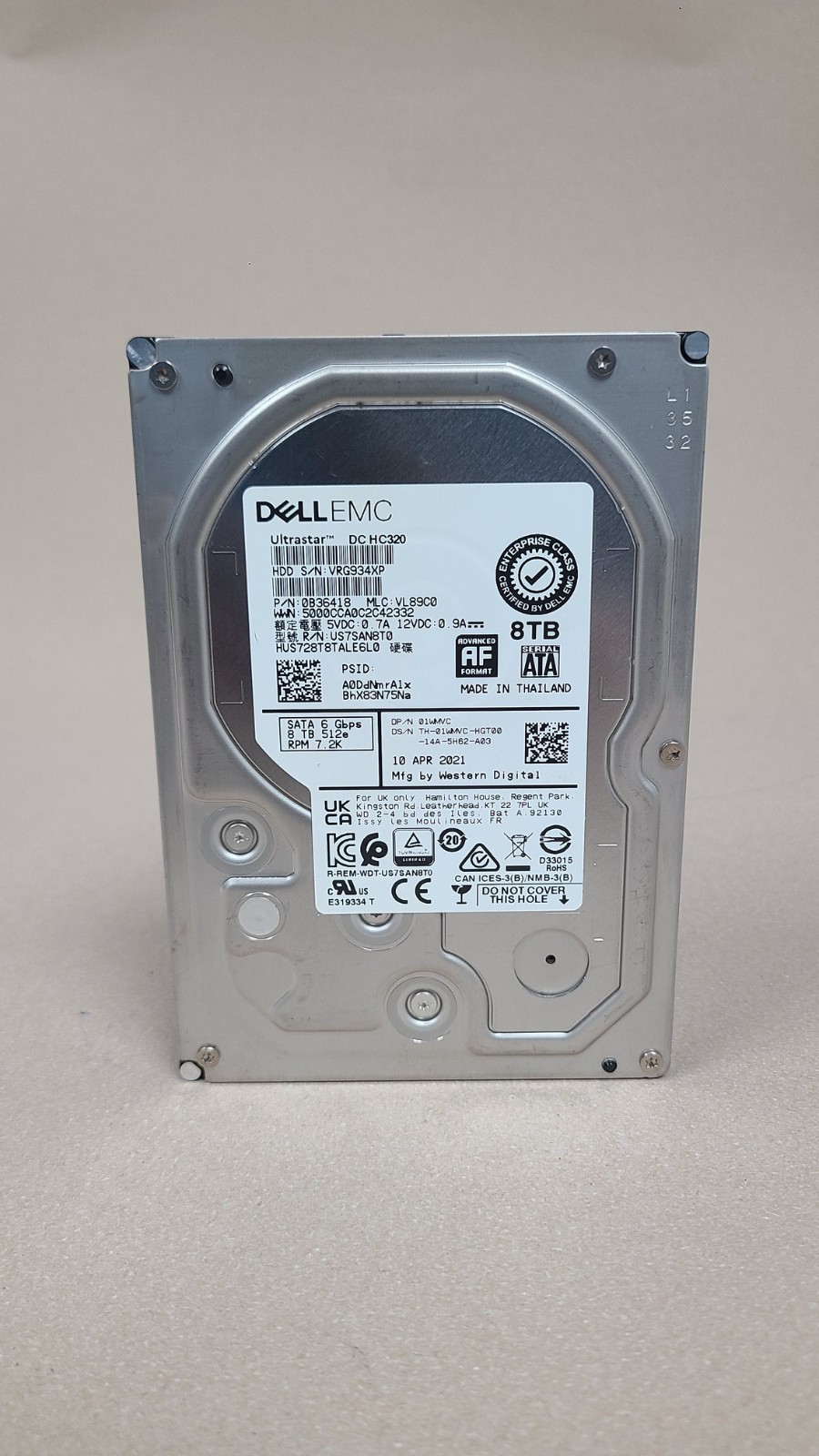 Dell EMC HUS728T8TALE6L0 3.5" 8TB 6Gbps 7.2K RPM 512e SATA HDD Drive PN: 0B36418
