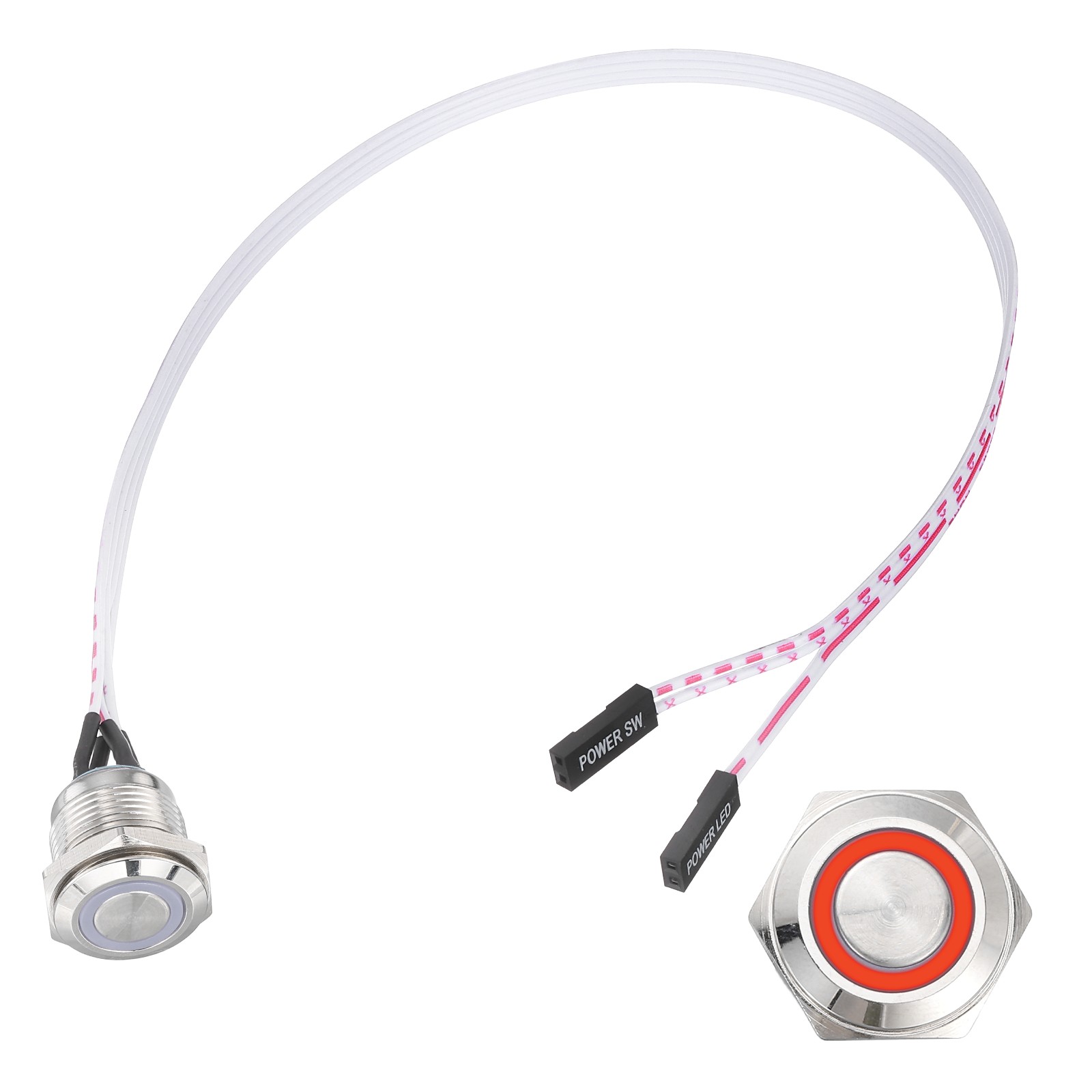 Chassis Metal Button 16mm Ring Red LED Power Button 30cm Wire, Silver