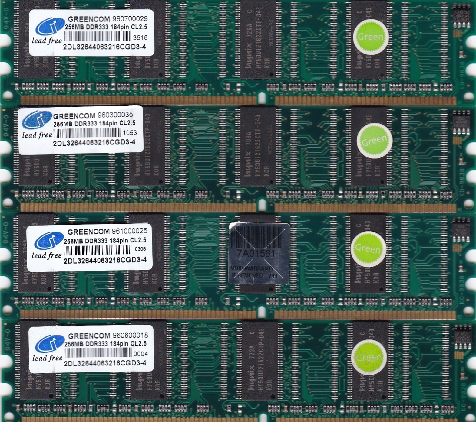 1GB 4x256MB DDR-333 PC-2700 GREENCOM MEMORY RAM KIT 2DL32644063216CGD3-4 DDR1