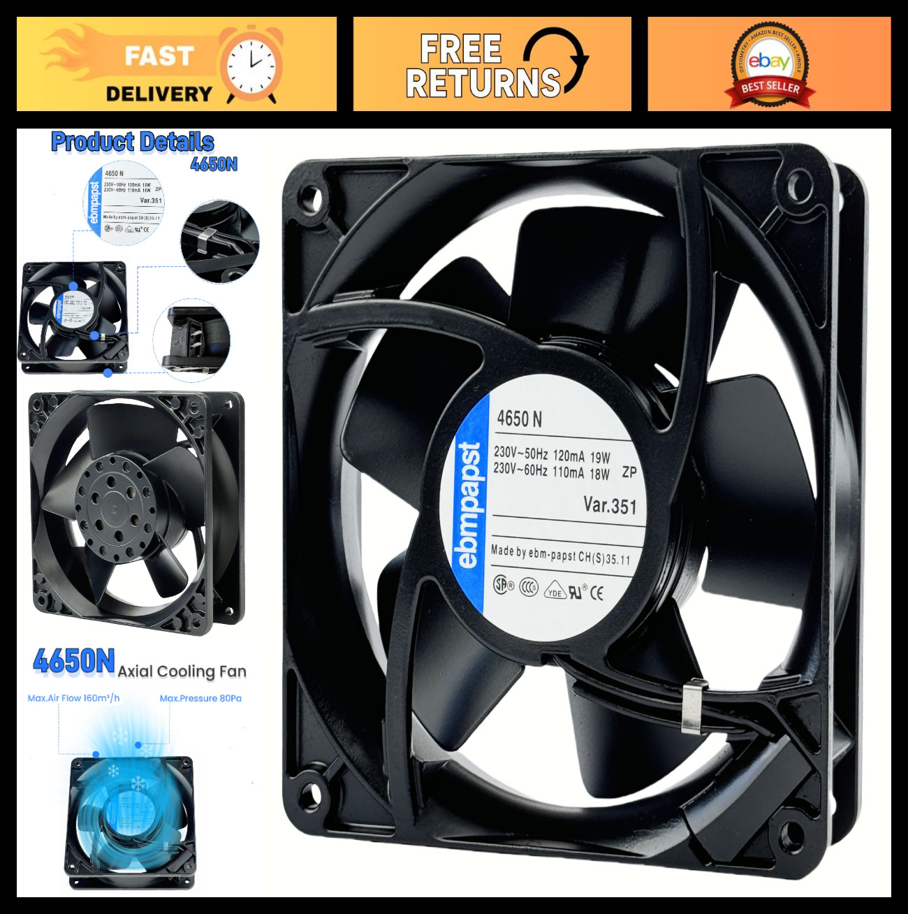 High-Performance 120mm Axial Cooling Fan, Metal, 230V, 50/60Hz, 2-Pin, 0.12A