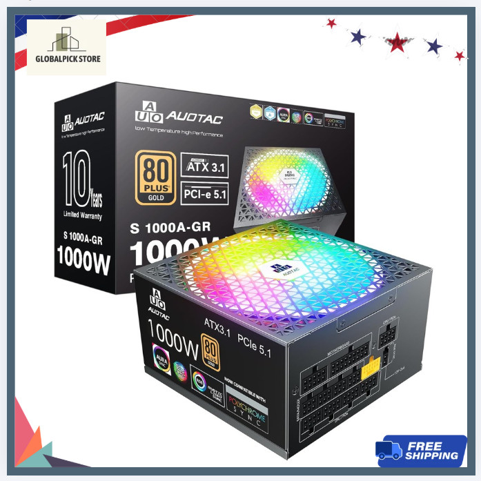 1000W Modular Power Supply 80+ Gold ATX 3.1 PCIe 5.1 RGB PSU Black