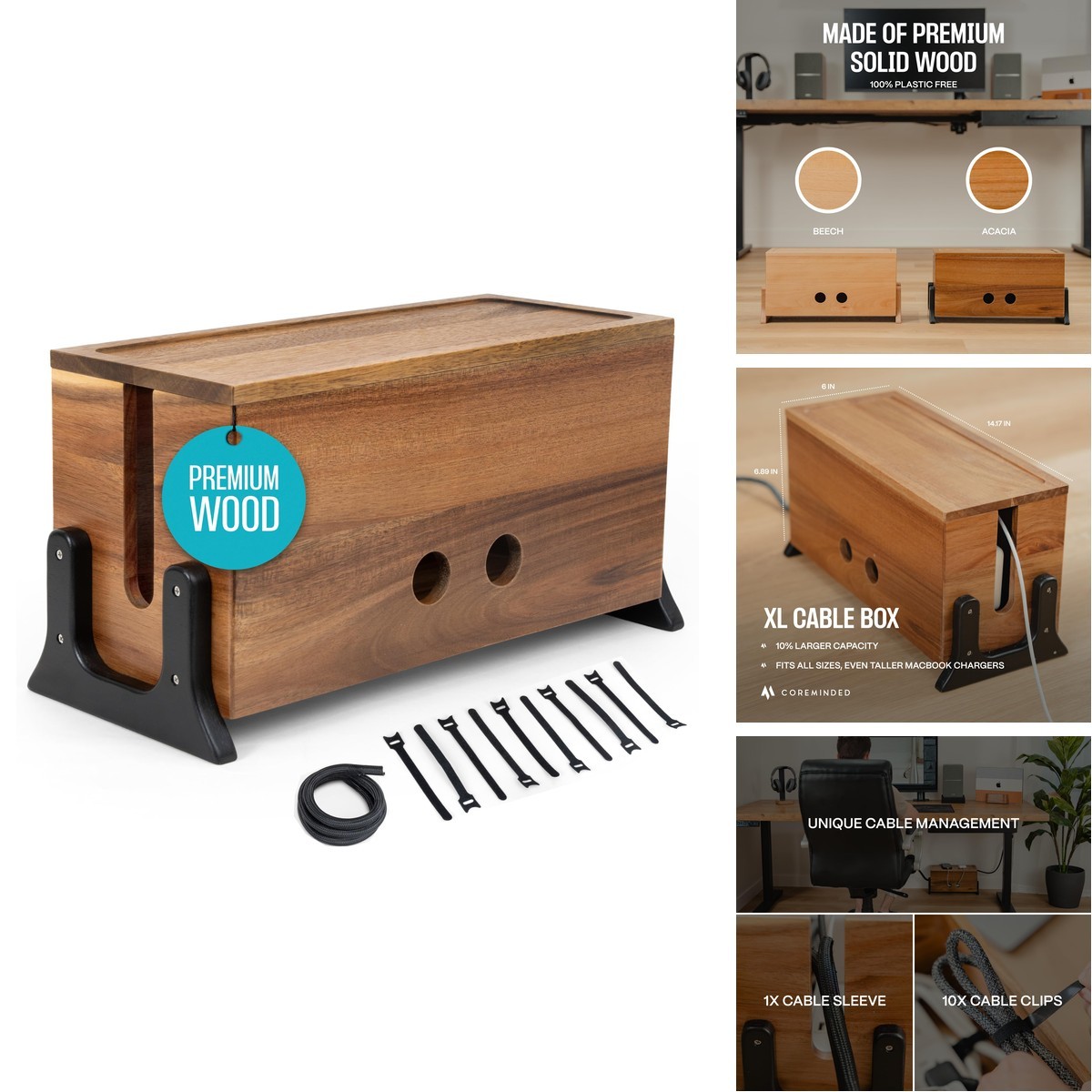 COREMINDED Extra Large Cable Management Box, Wood Cord Hider & Organizer Power