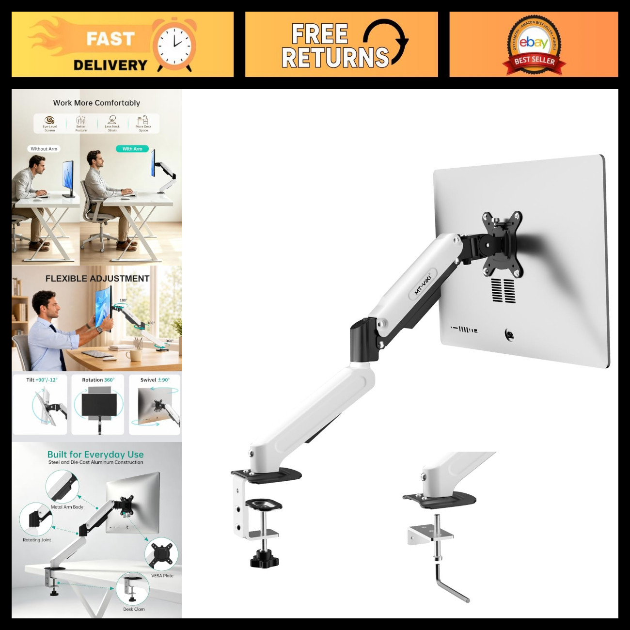 Adjustable Gas Spring Monitor Arm for 17"-32" Screens, Full Motion Desk Mount, V