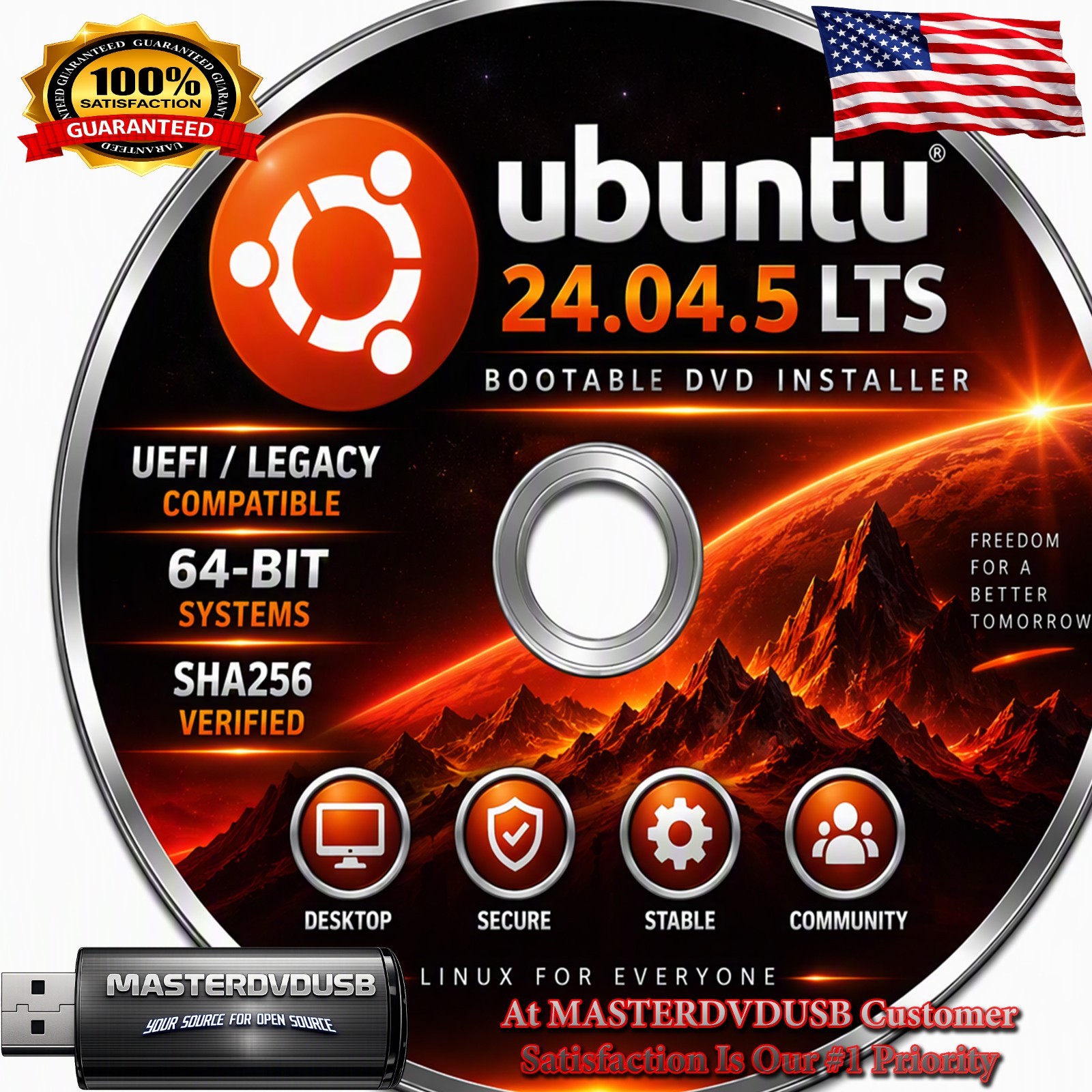 Ubuntu 24.04.5 LTS Bootable DVD Installer | UEFI/Legacy | 64-Bit SHA256 Verifyed