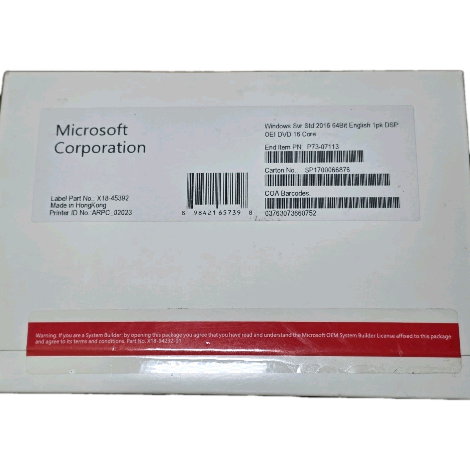 Microsoft Windows Server Standard 2016 64-bit DVD - P7307113 - 16 CORE BASE OEM