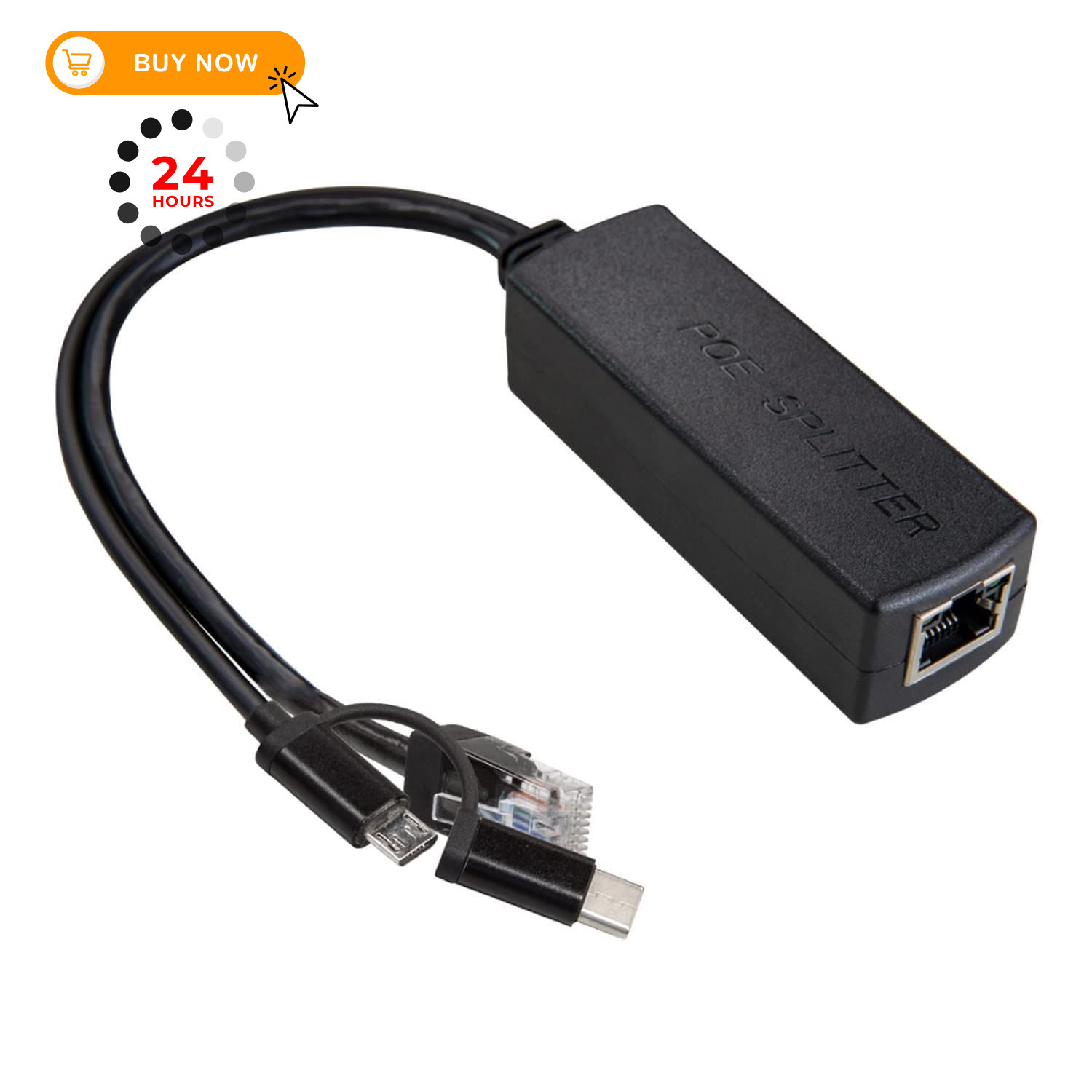UCTRONICS Gigabit PoE Splitter 5V 3A with a Micro USB to USB-C adapter, Black