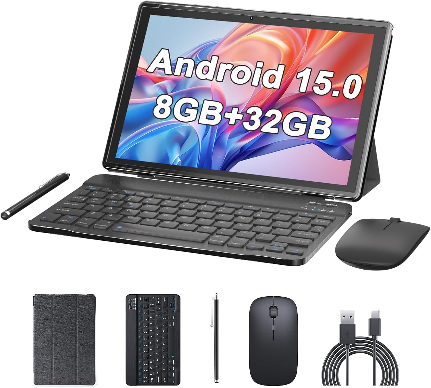 10 Inch Android 15 Tablet with Keyboard Stylus, 8GB RAM 2 in 1 Tableta, Includes