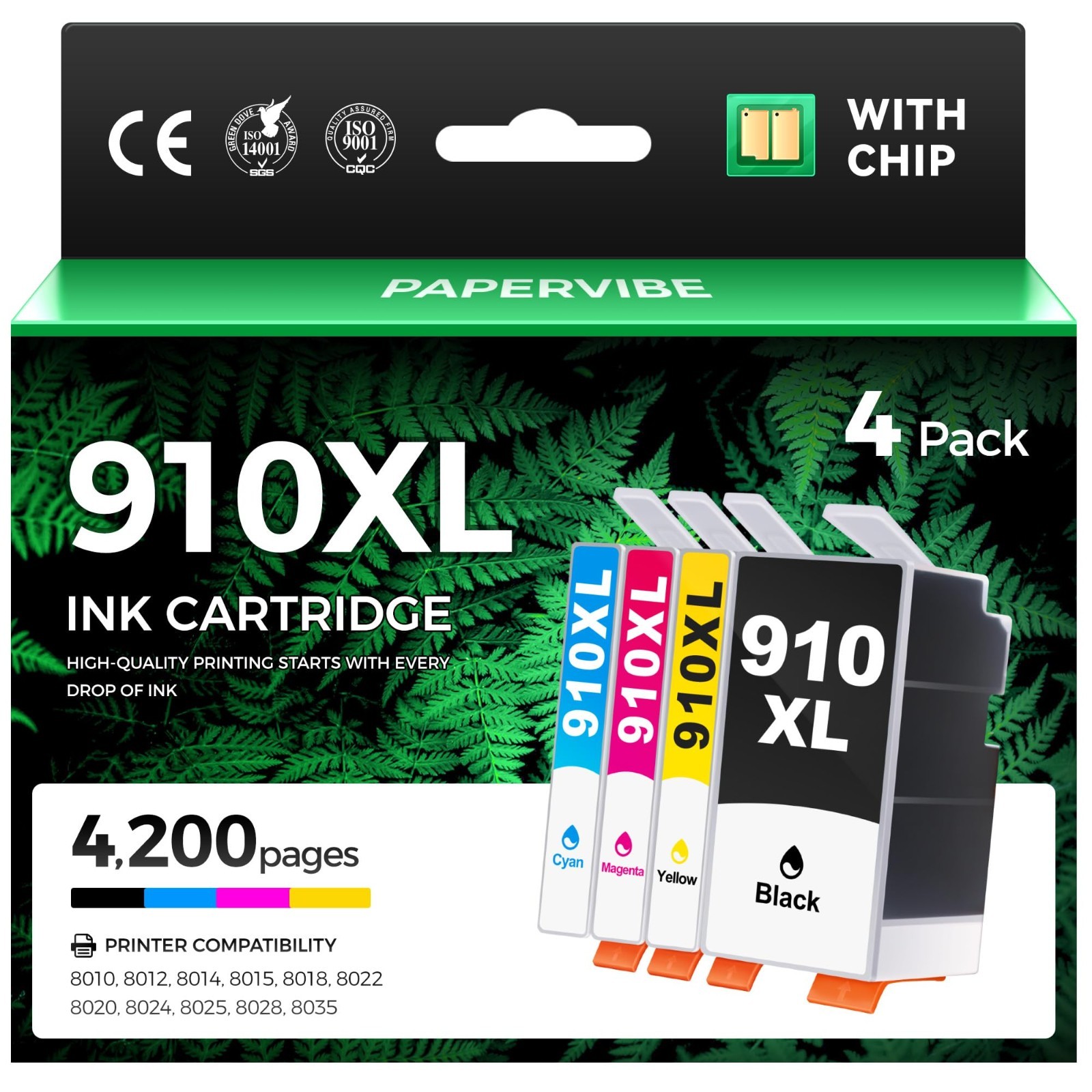 High Yield 910XL Ink Cartridges Combo 4-Pack - Black, Cyan, Magenta, Yellow for