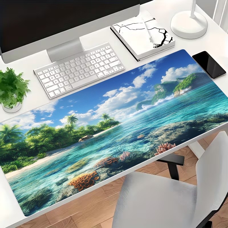 A Large Tropical Beach Mouse Pad Featuring Seas, Corals, And Green Plants, Mak