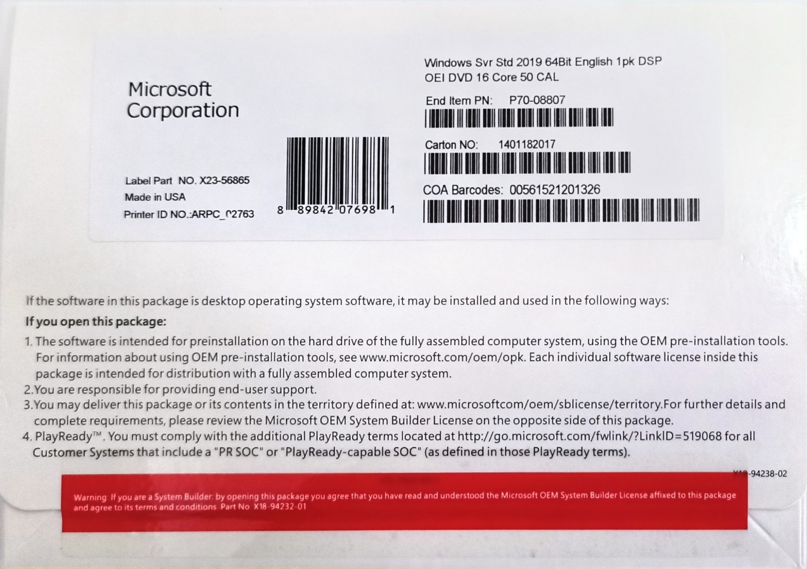 Windows Server 2019 Std 64-bit 16 Core 50 CAL DVD + Product Key 
