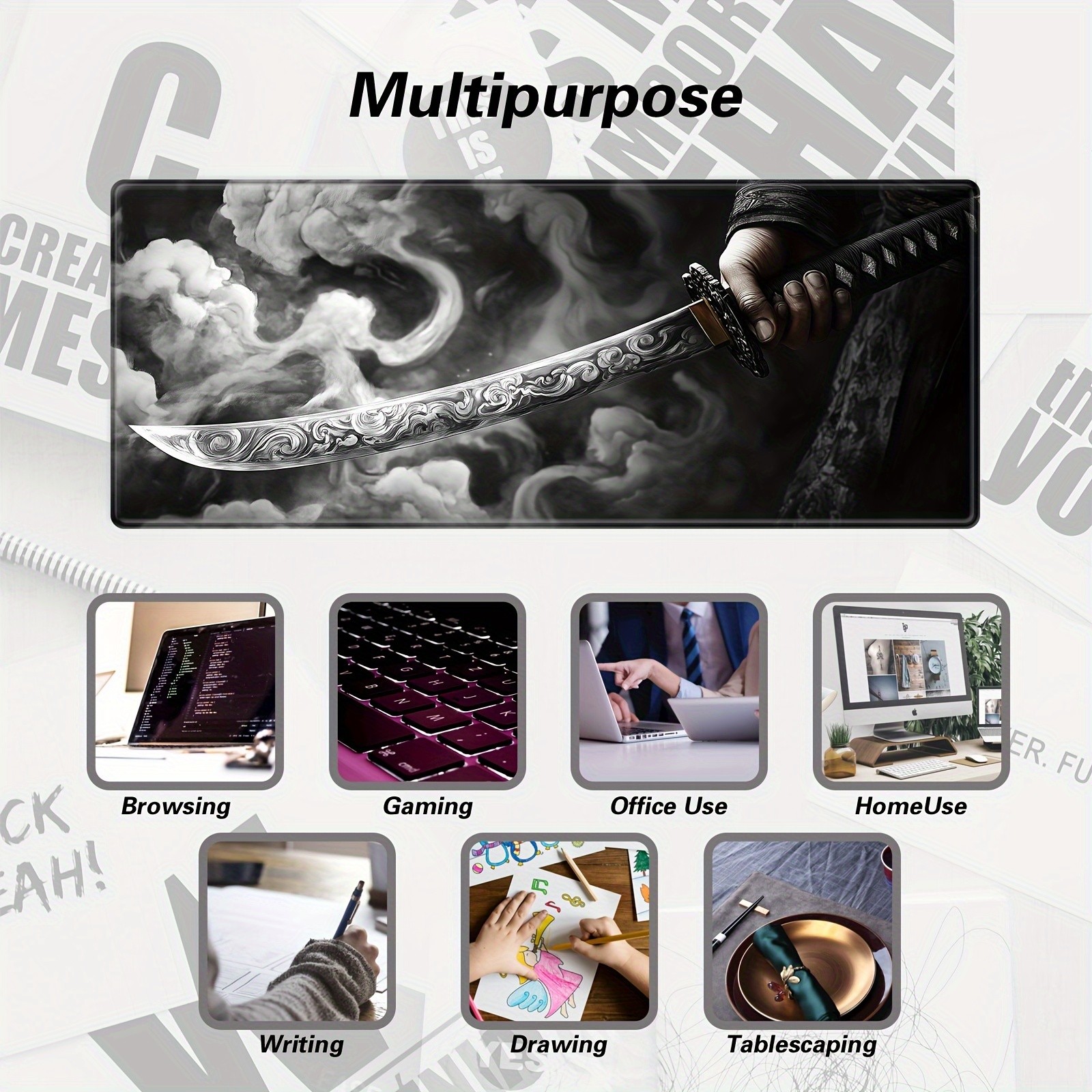 1pc Japanese Short Knife Design Large Mouse Pad, Stitched Edges, Washable, Non