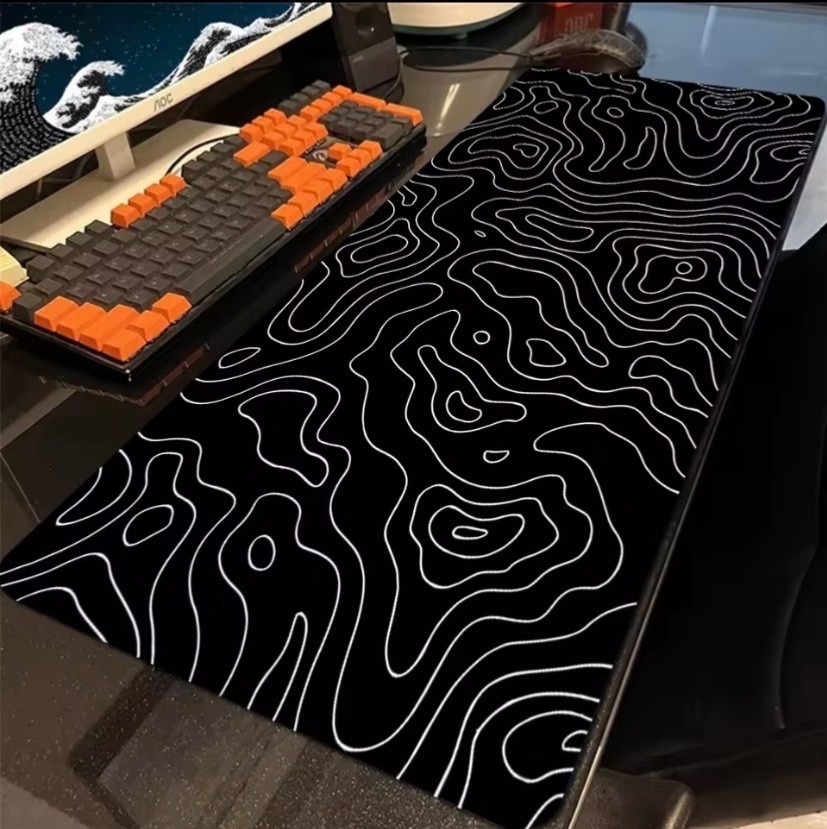 Black White Topographic Pattern Rubber Computer Desk Mat Mouse Pad 900x400mm