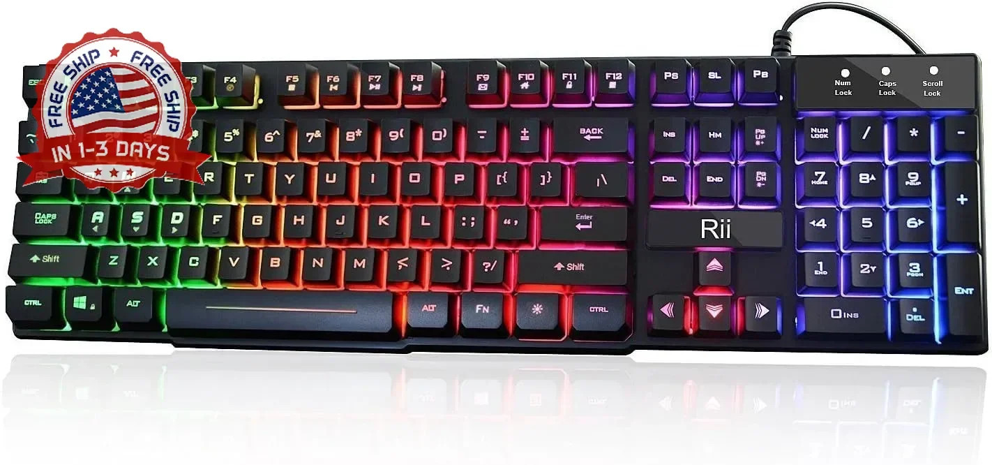 Rii RK100+ Multiple Color Rainbow LED Backlit Large Size USB Wired Mechanical Fe
