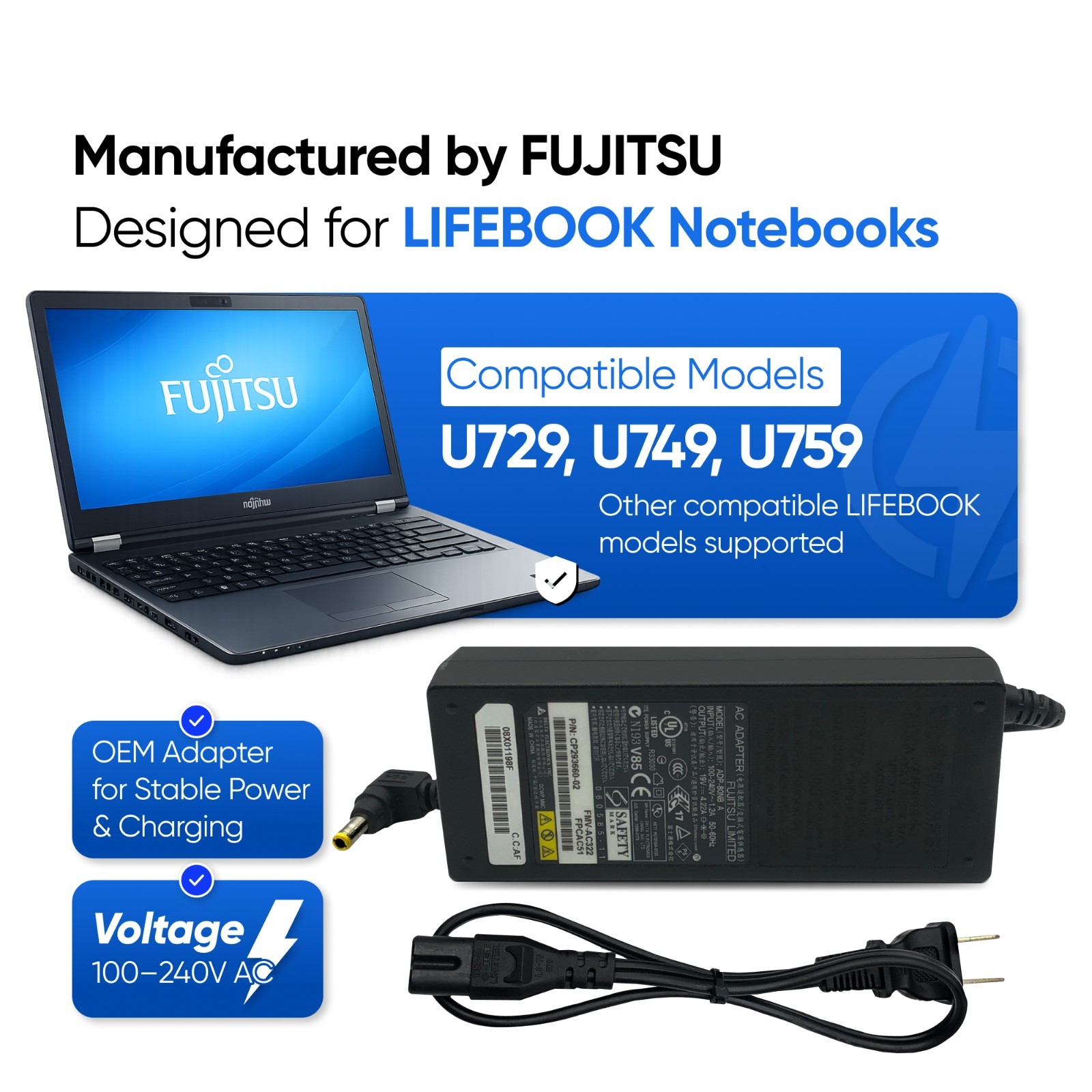Genuine Fujitsu AC Charger Adapter 19V for Lifebook U729 U749 U759 Notebooks