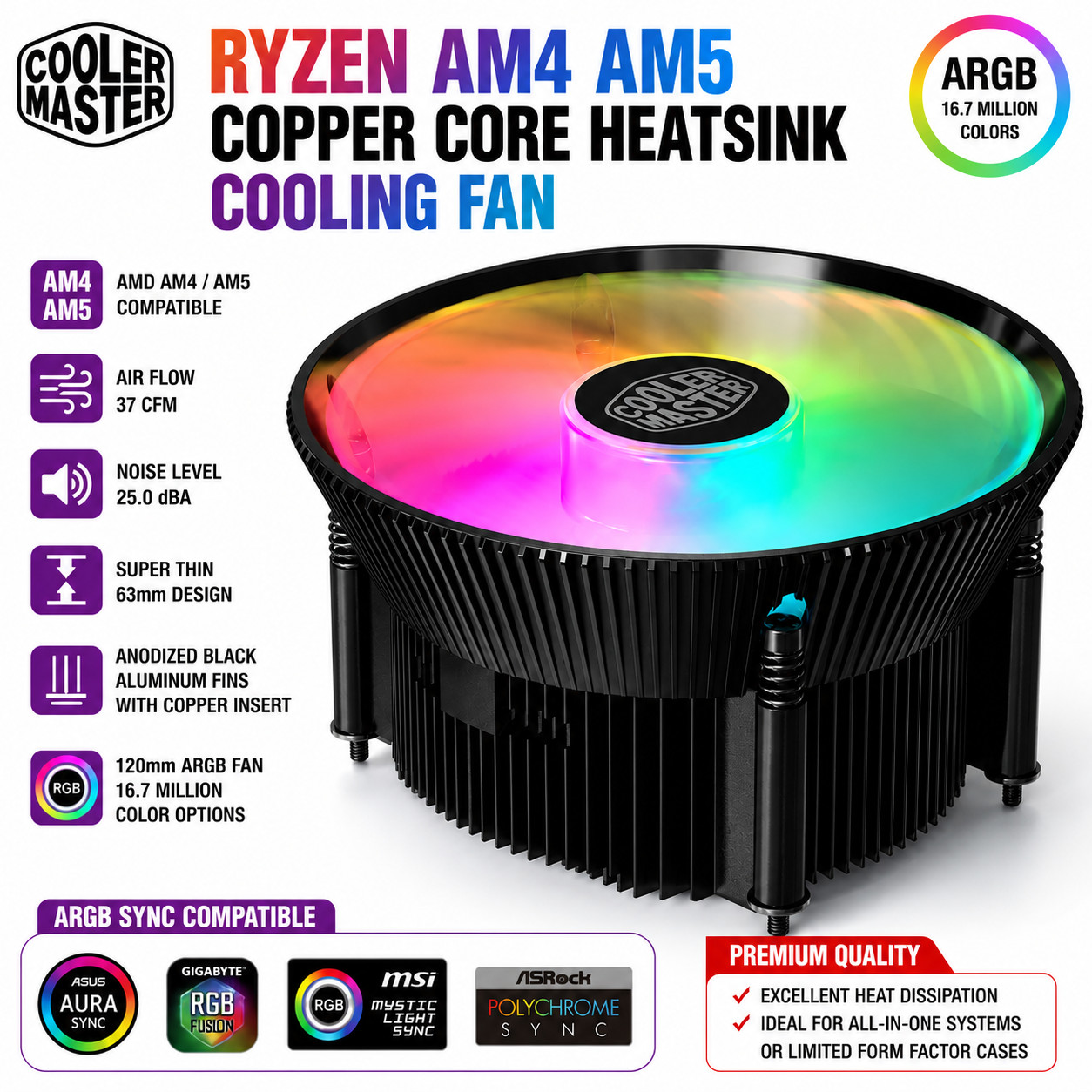 Cooler Master AM4 AM5 Ryzen 120mm ARGB CPU Cooler Copper Core Heatsink