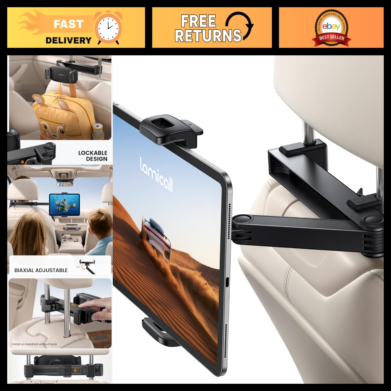Adjustable Car Headrest Tablet Holder, Lockable Backseat Mount for iPad & Tablet