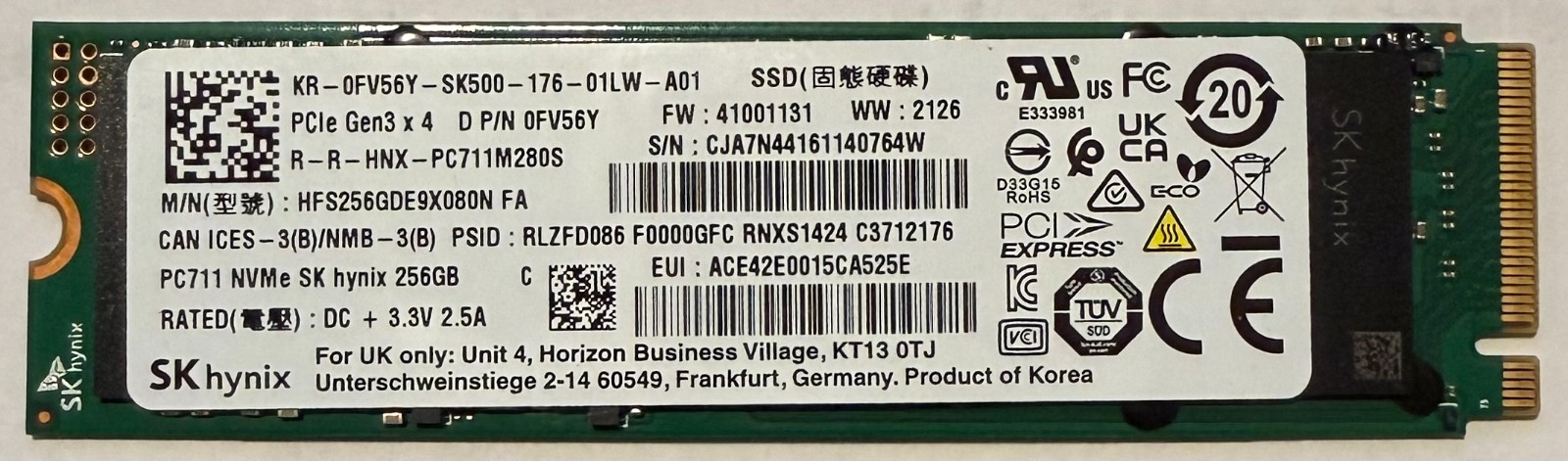 SK Hynix PC711 NVMe 256GB Gen3 x4 PCIe SSD - HFS256GDE9X080N