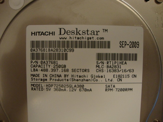Hitachi HDP725025GLA380 MLC:BA2831 P/N:0A37681 3.5" 250gb Sata Hard Drive
