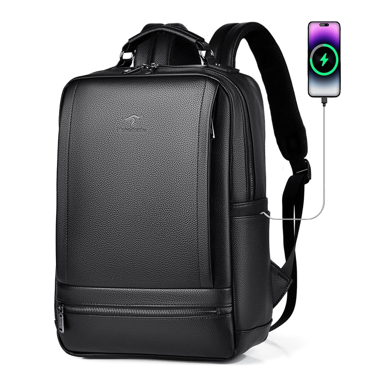 Slim Black PU Business Backpack with Laptop Compartment and USB Port